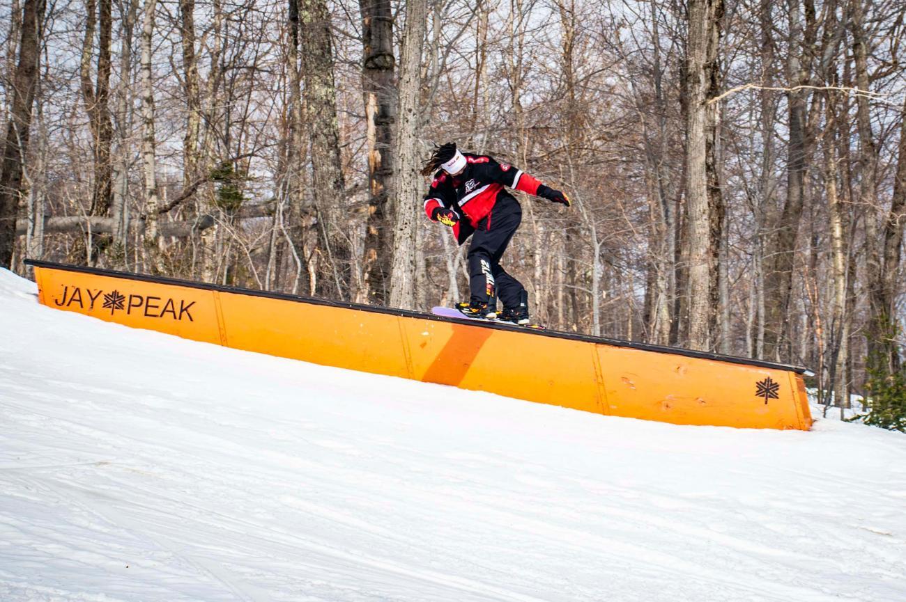 Zeb Powell at Jay Peak Boardsliding a Terrain Park Feature