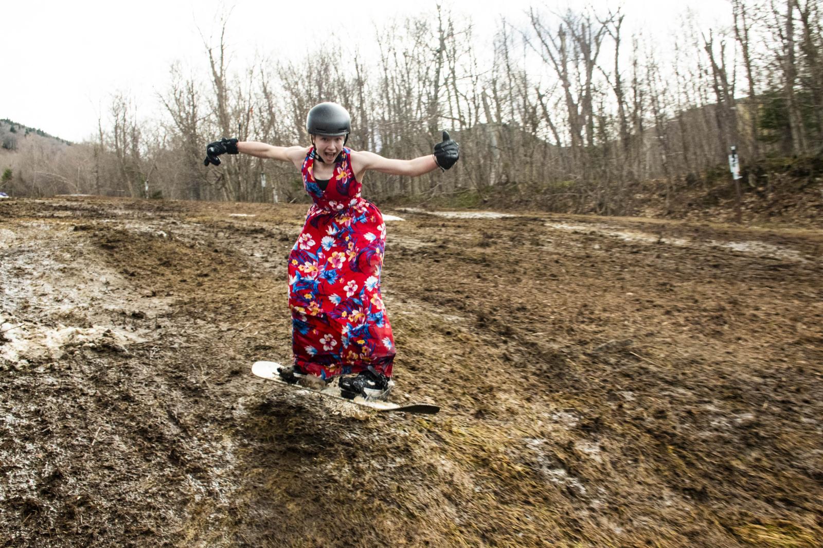 snowboarder in red dress