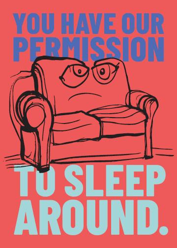 Red couch cartoon with eyes on a coral background.