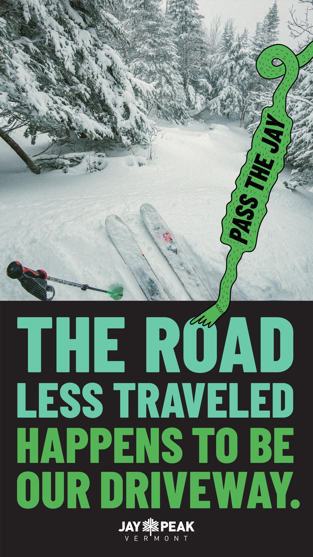 Skiing through snowy forest with text overlay about Jay Peak.
