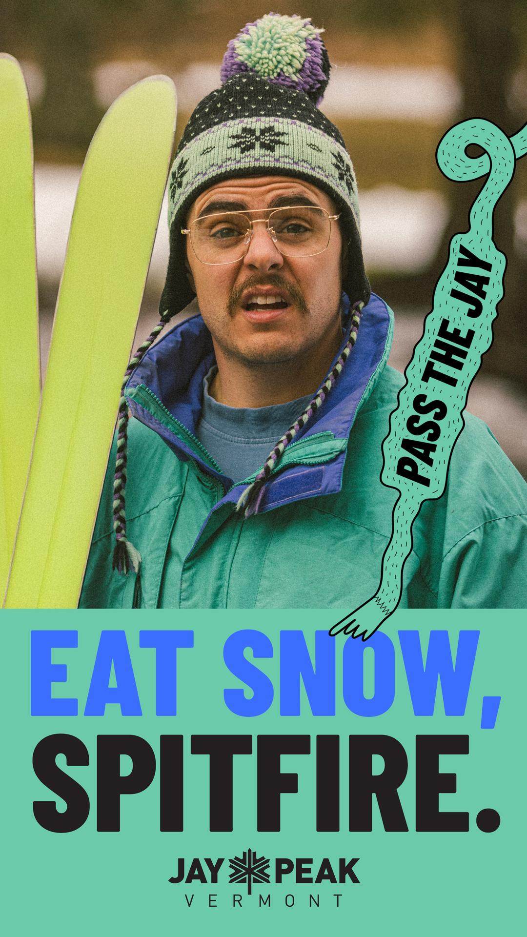 Man with mustache holding skis, wearing a pom-pom hat and winter jacket, colorful text overlay.