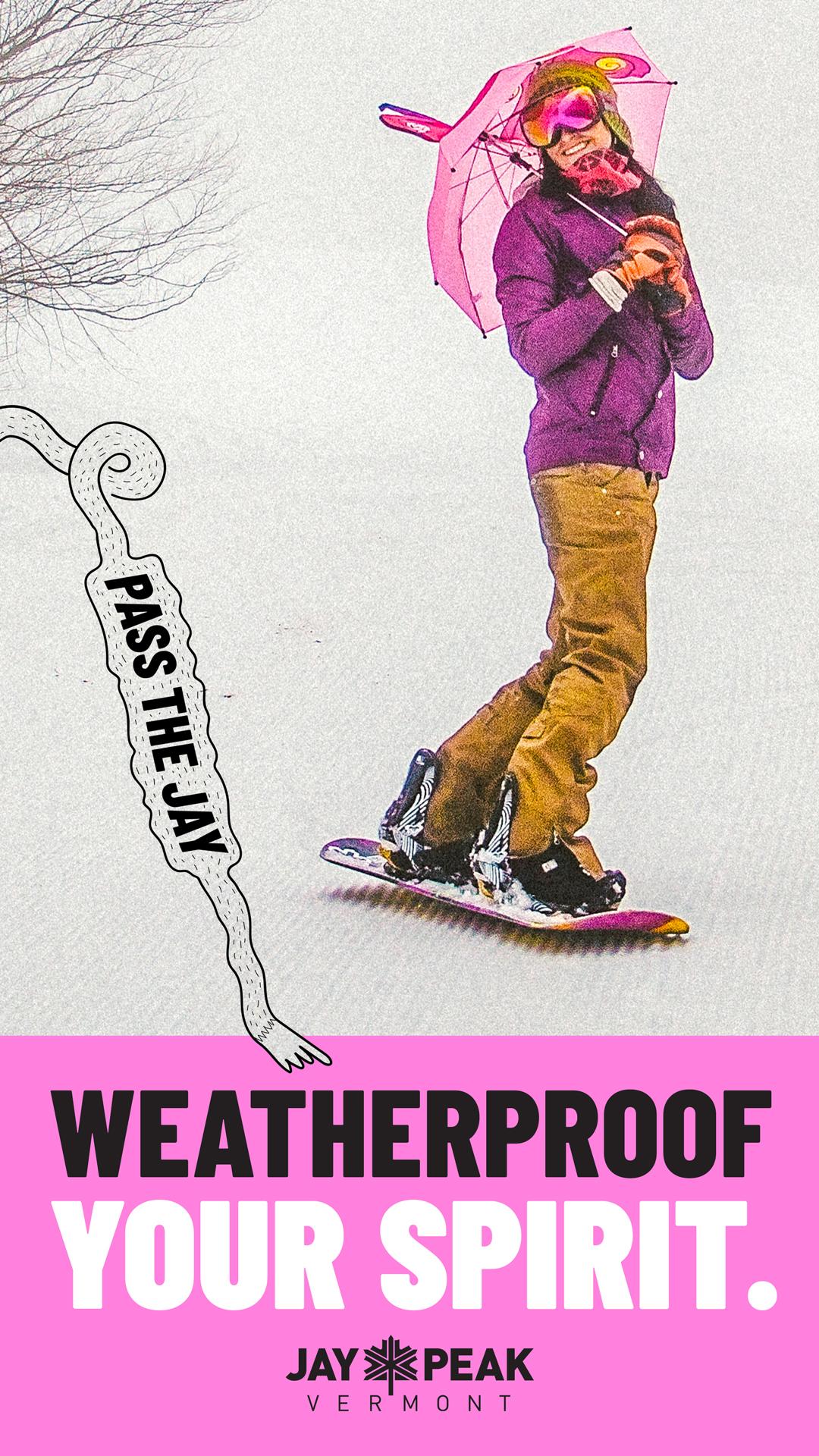 Person in colorful winter clothes snowboarding, pink banner below.
