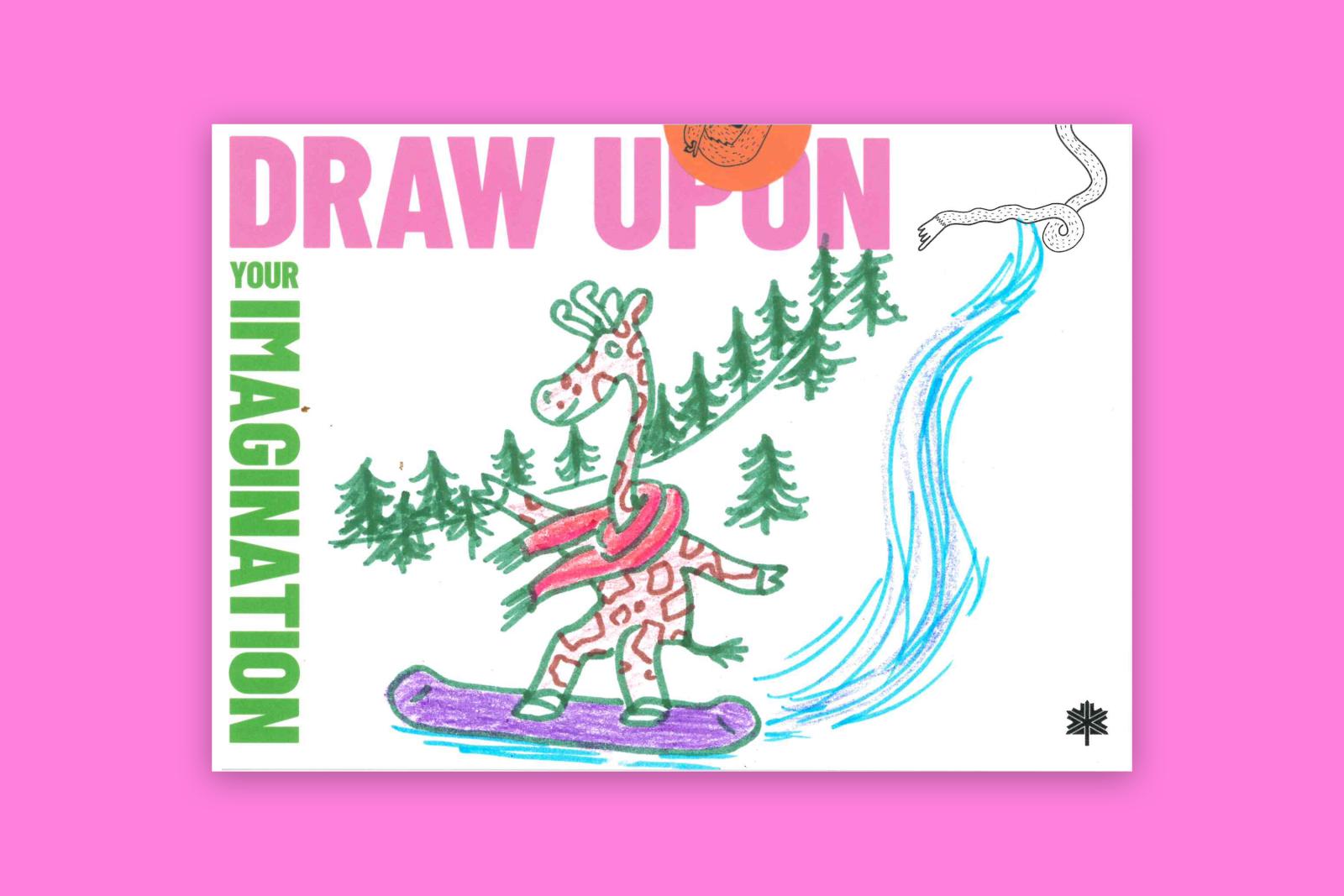 Giraffe snowboarding through trees with a pink scarf and purple snowboard.