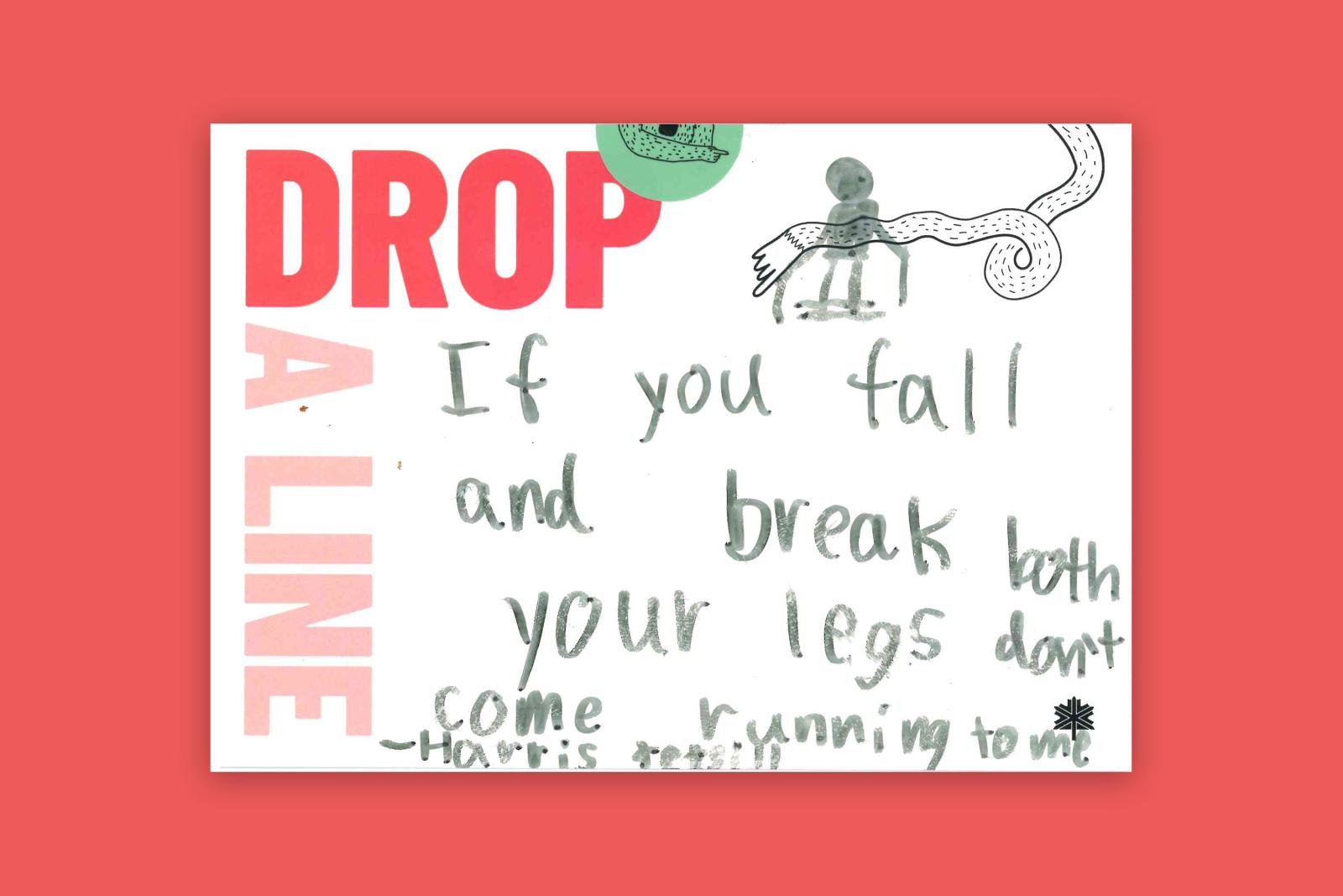 Drop A Line card with a humorous handwritten note and doodle.