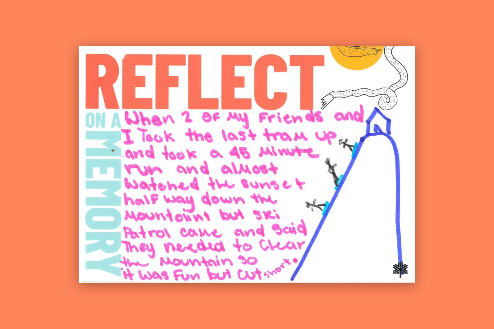 Reflect on a memory, with a mountain and sun illustration.