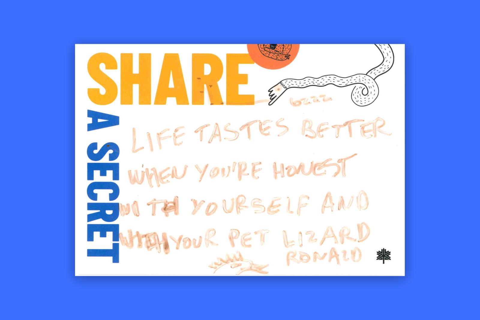 Share a Secret card with orange and blue text on white background.