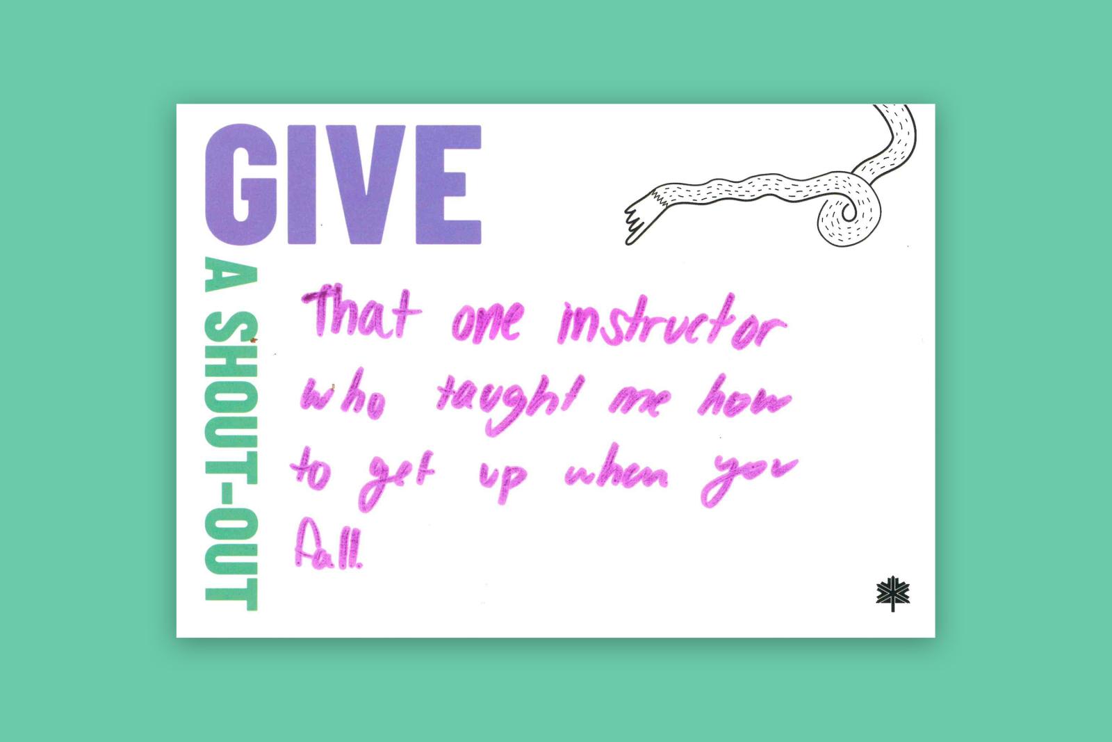 White card with cursive purple text on a green background.