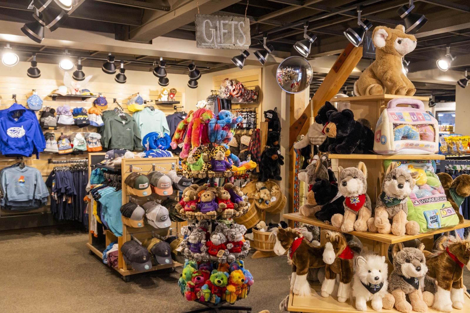 Store with stuffed animals, clothing, and souvenirs displayed on shelves.