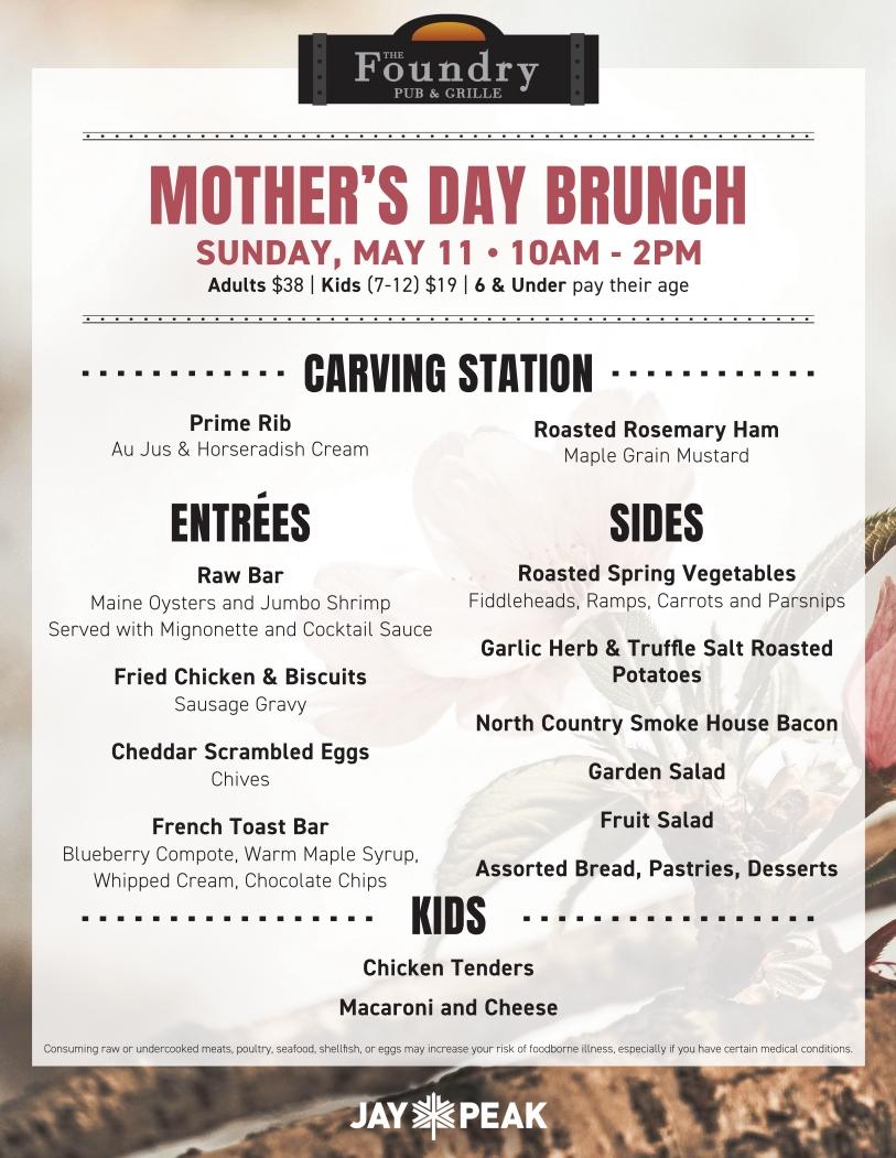 Mother's Day Brunch menu featuring entrees, sides, and kids' options at Foundry.