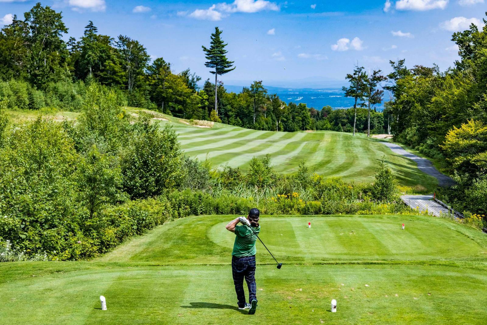 Golfer in green shirt swings on a lush, scenic course under a blue sky.