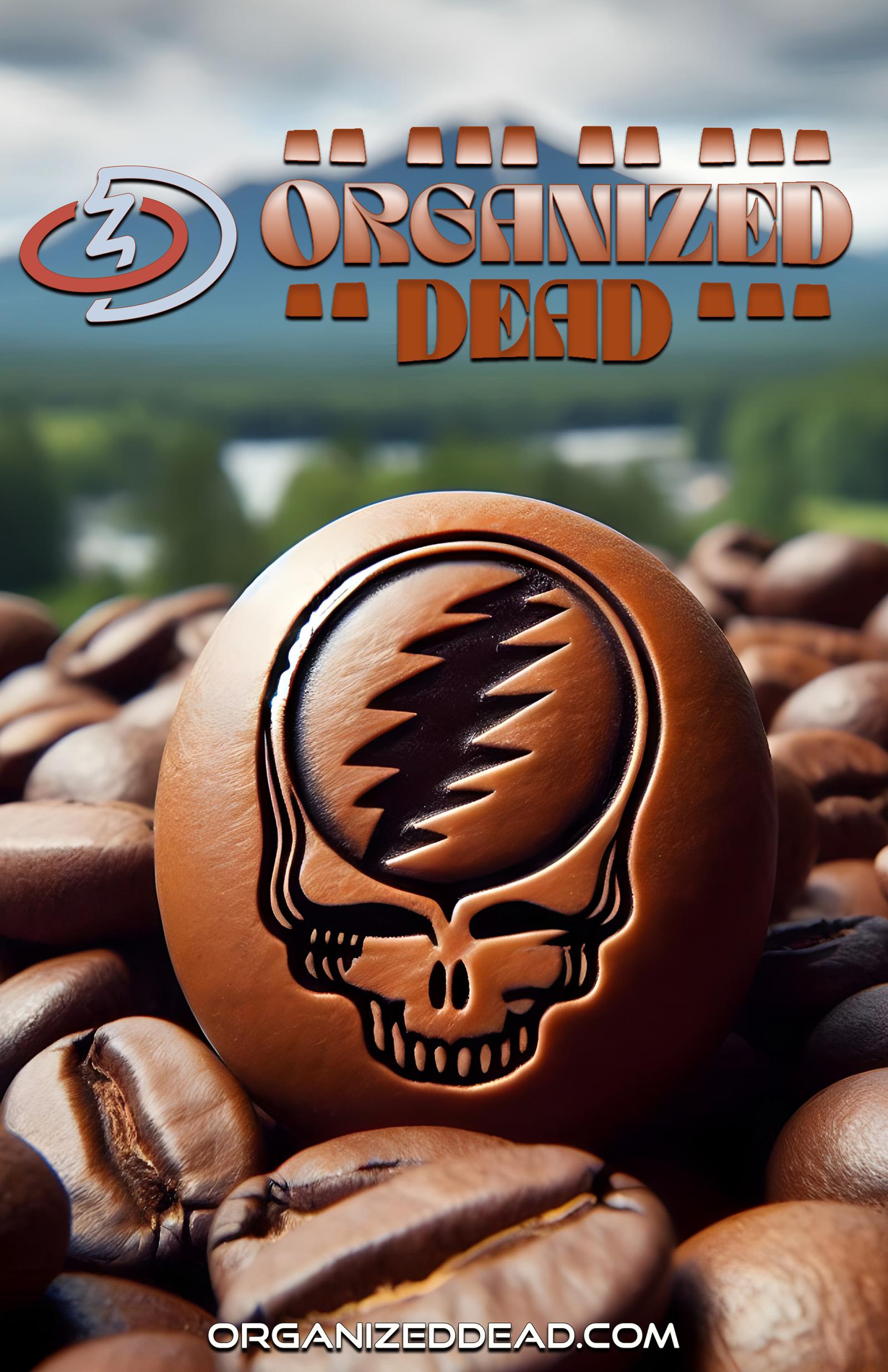 A coffee bean with a skull design among other beans.