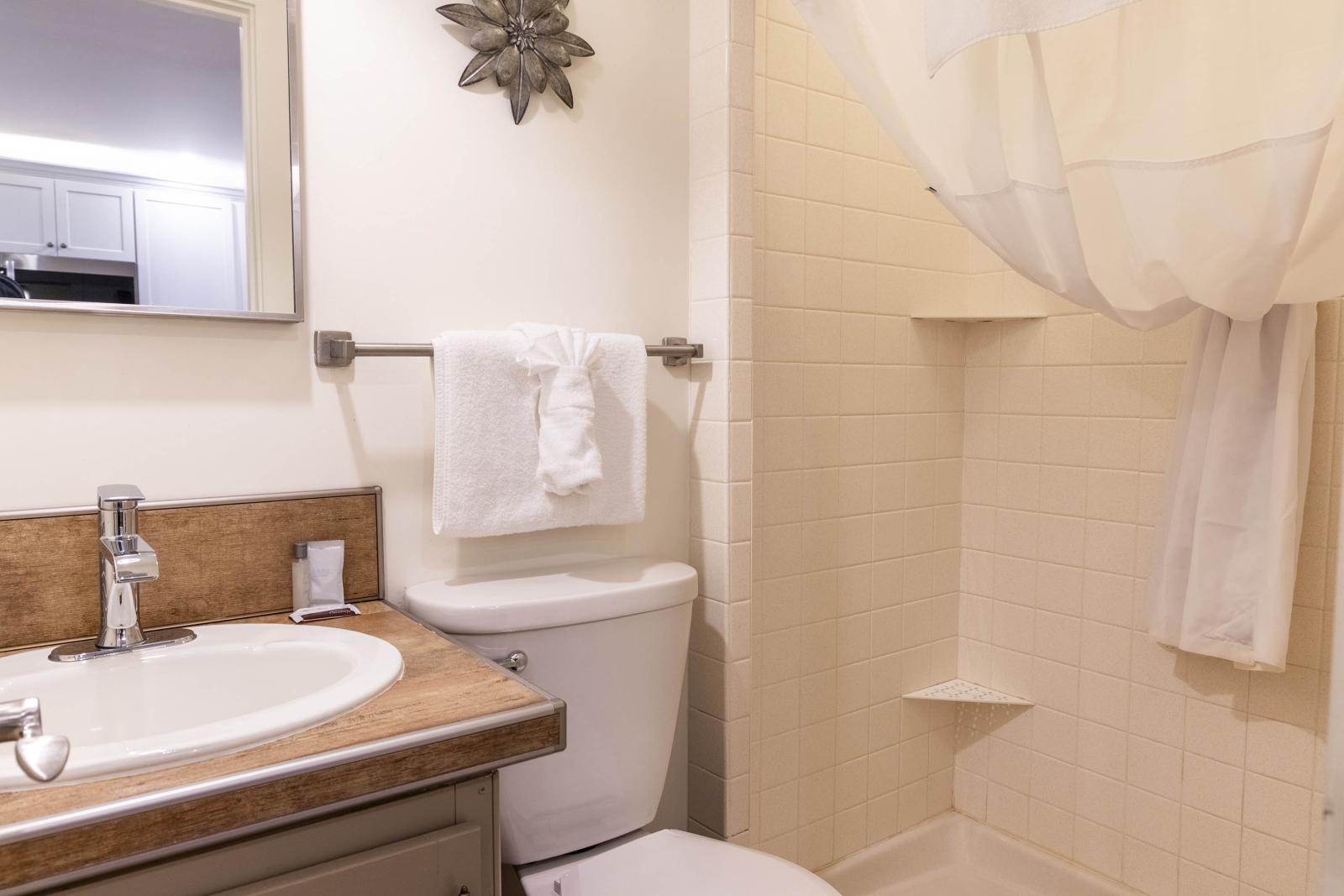 Bathroom with a sink, toilet, and tiled shower.