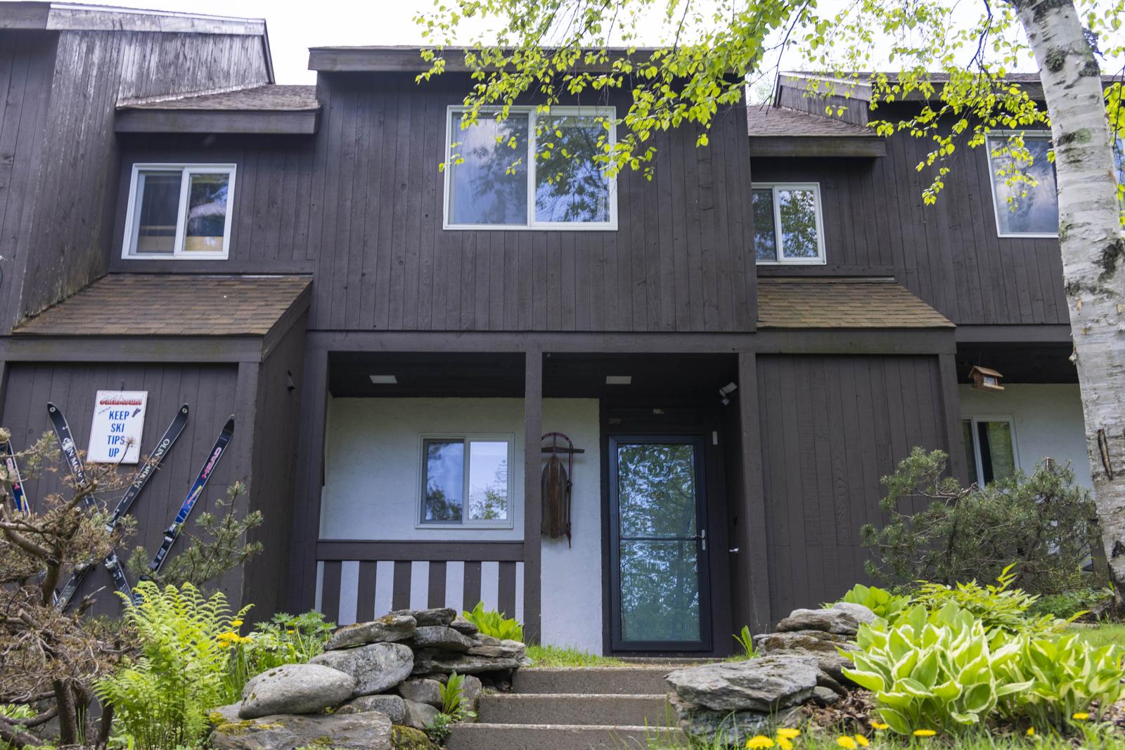 Brown house with large windows, surrounded by green plants and a birch tree.