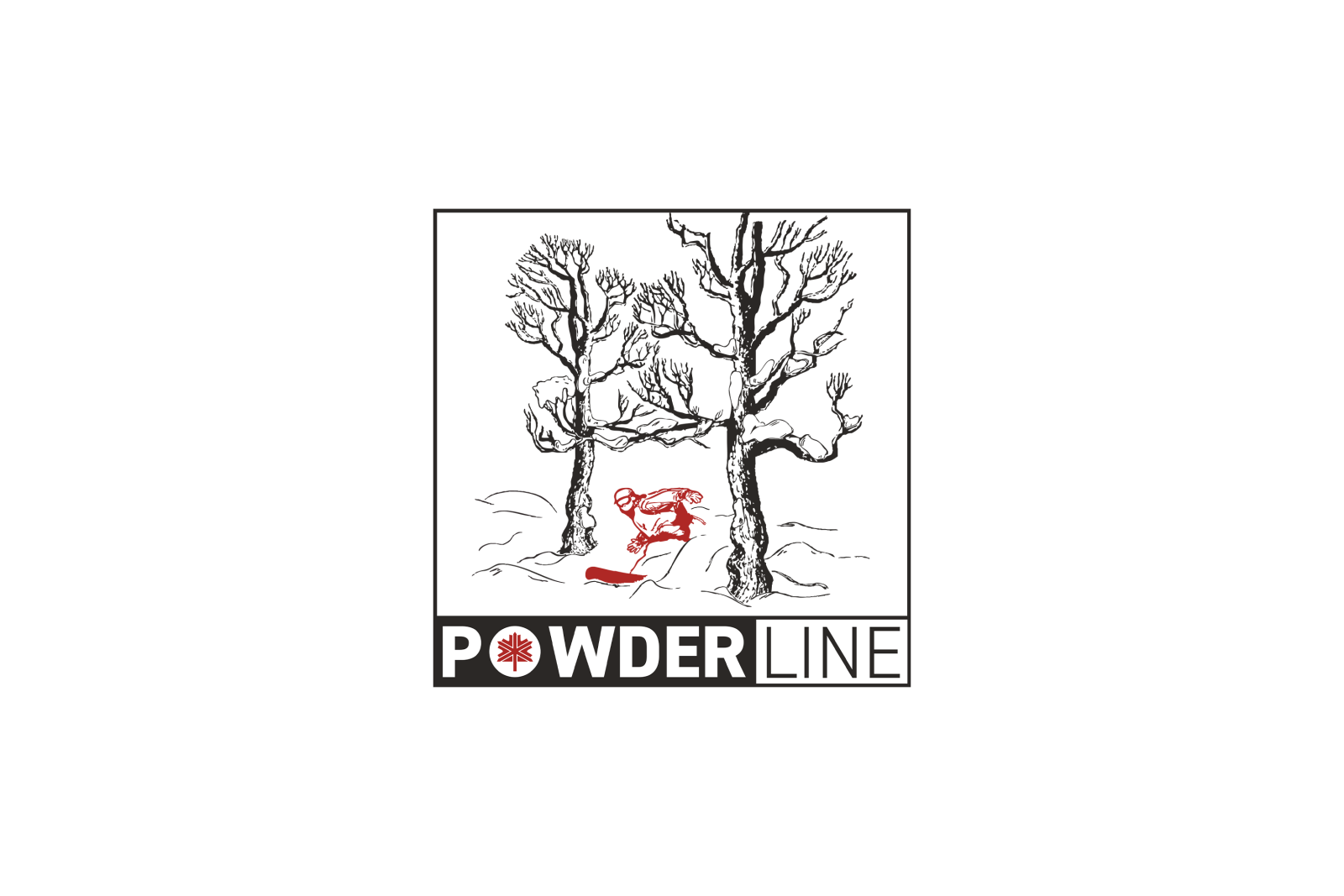 Silhouette of a snowboarder under trees, text "POWDERLINE".