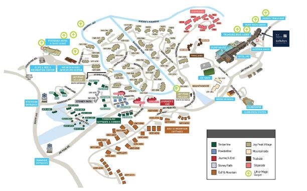 Resort map with labeled zones and icons for restaurants, hotels, and attractions.
