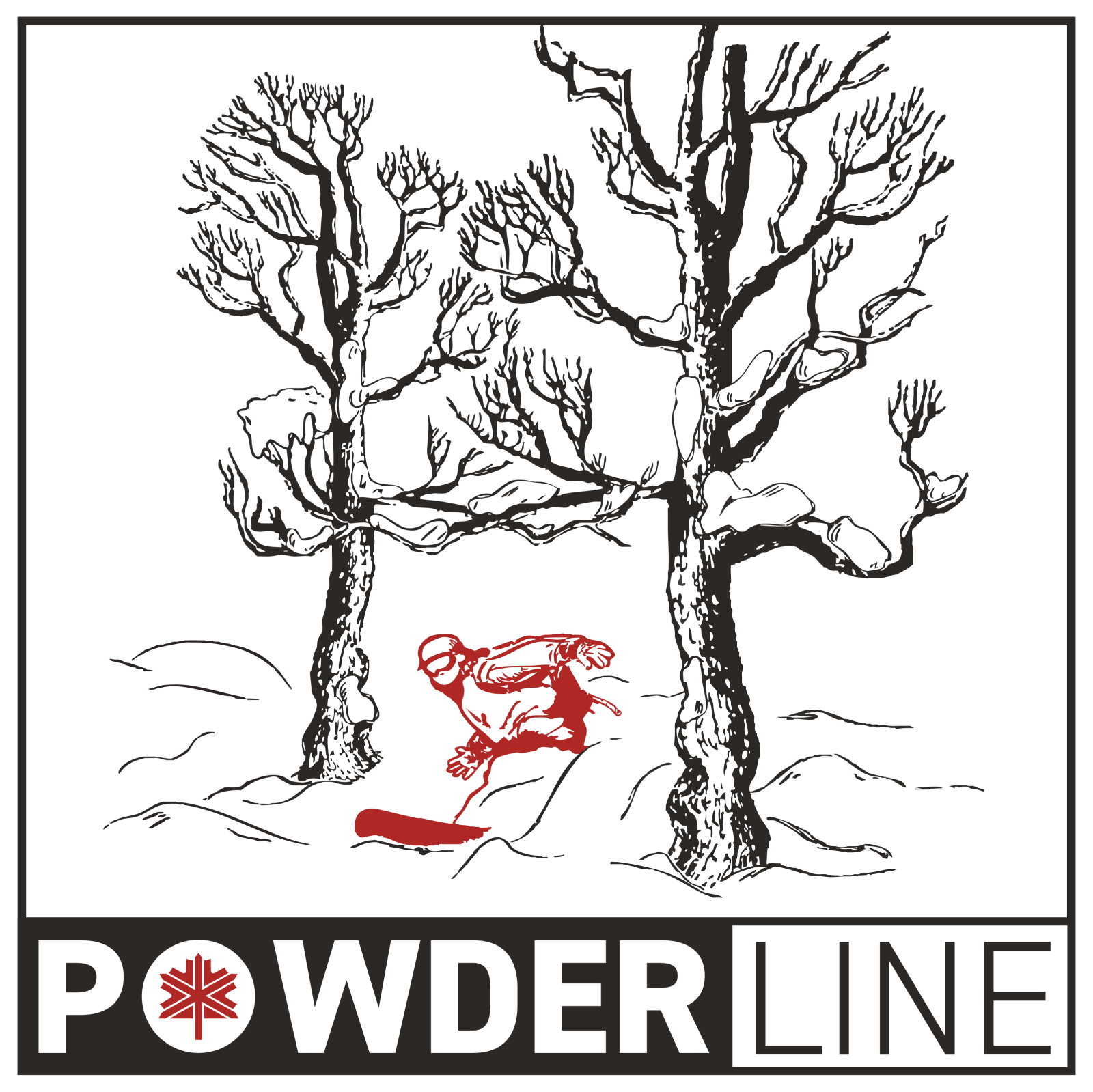 Skier in red between trees, text "POWDER LINE" below. Logo.
