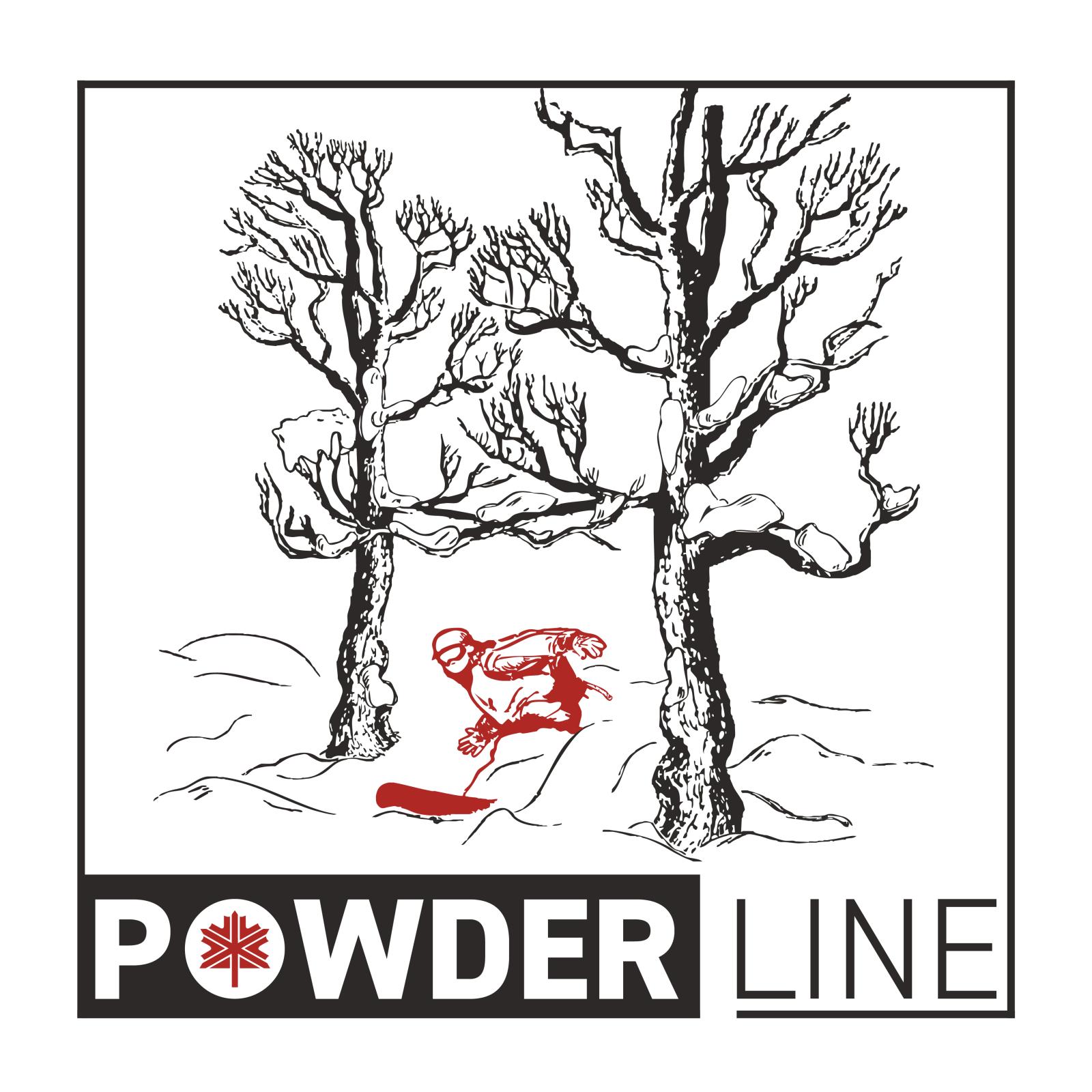 Two trees and red skier; "Powder Line" logo.