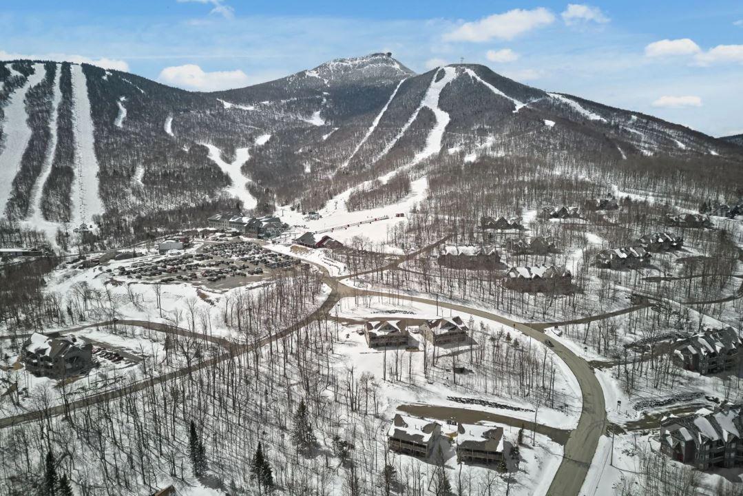 Snowy mountain ski resort with winding roads, surrounded by trees and chalets.