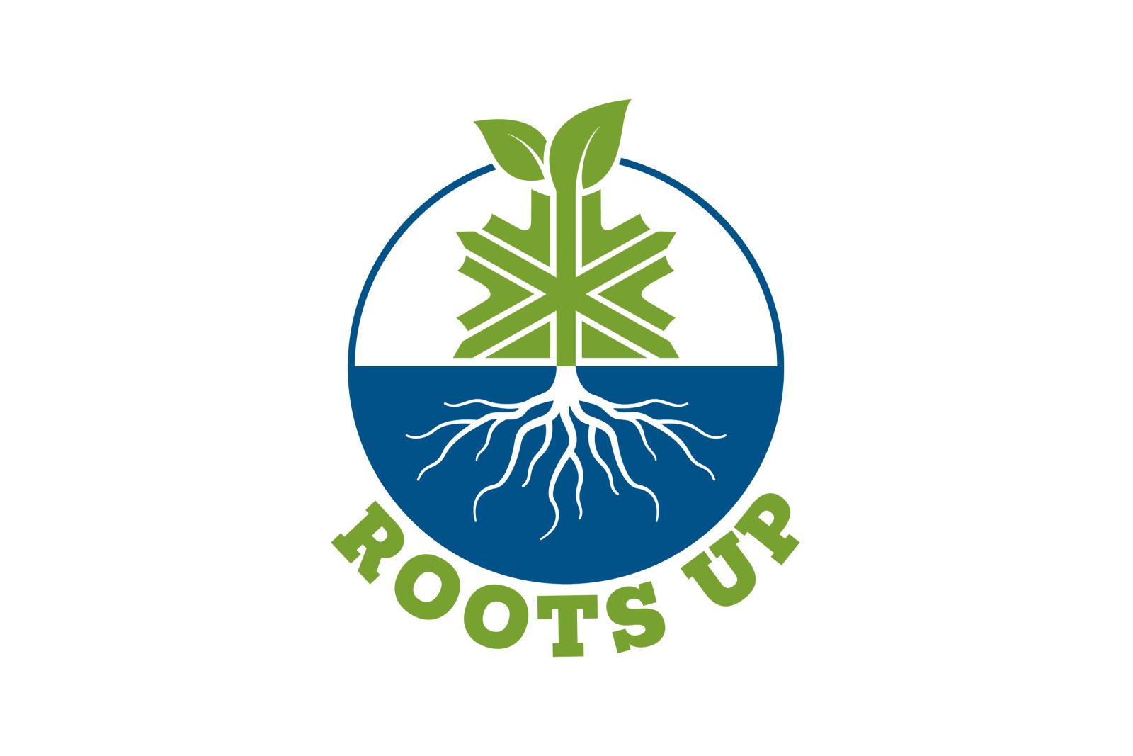 Logo with green plant, branching roots, and "ROOTS UP" text.