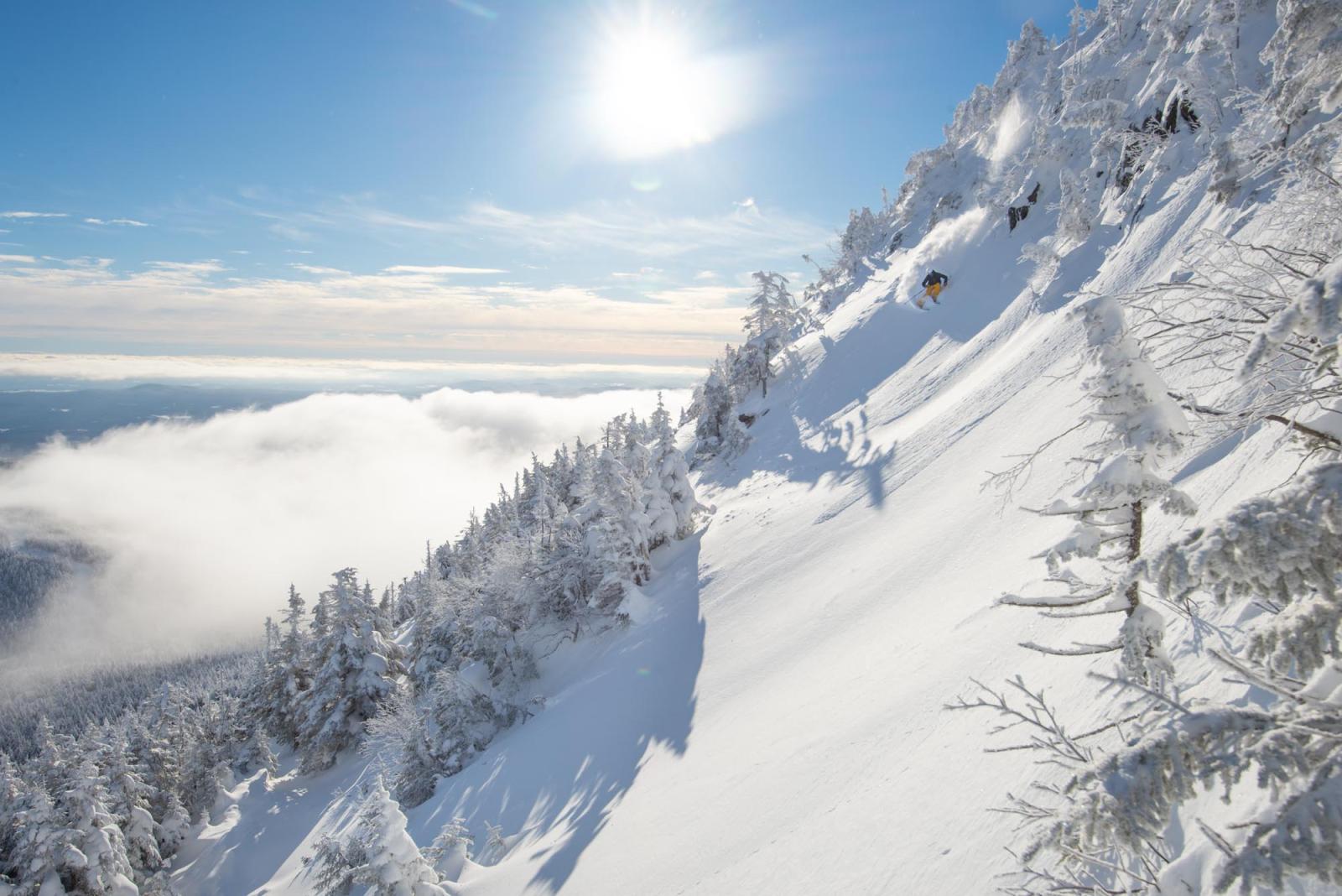 Snowy mountain slope under bright sun, with frosted trees and distant clouds.