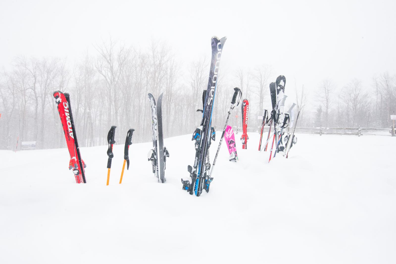 Ski poles and skis upright in snowy landscape with bare trees.