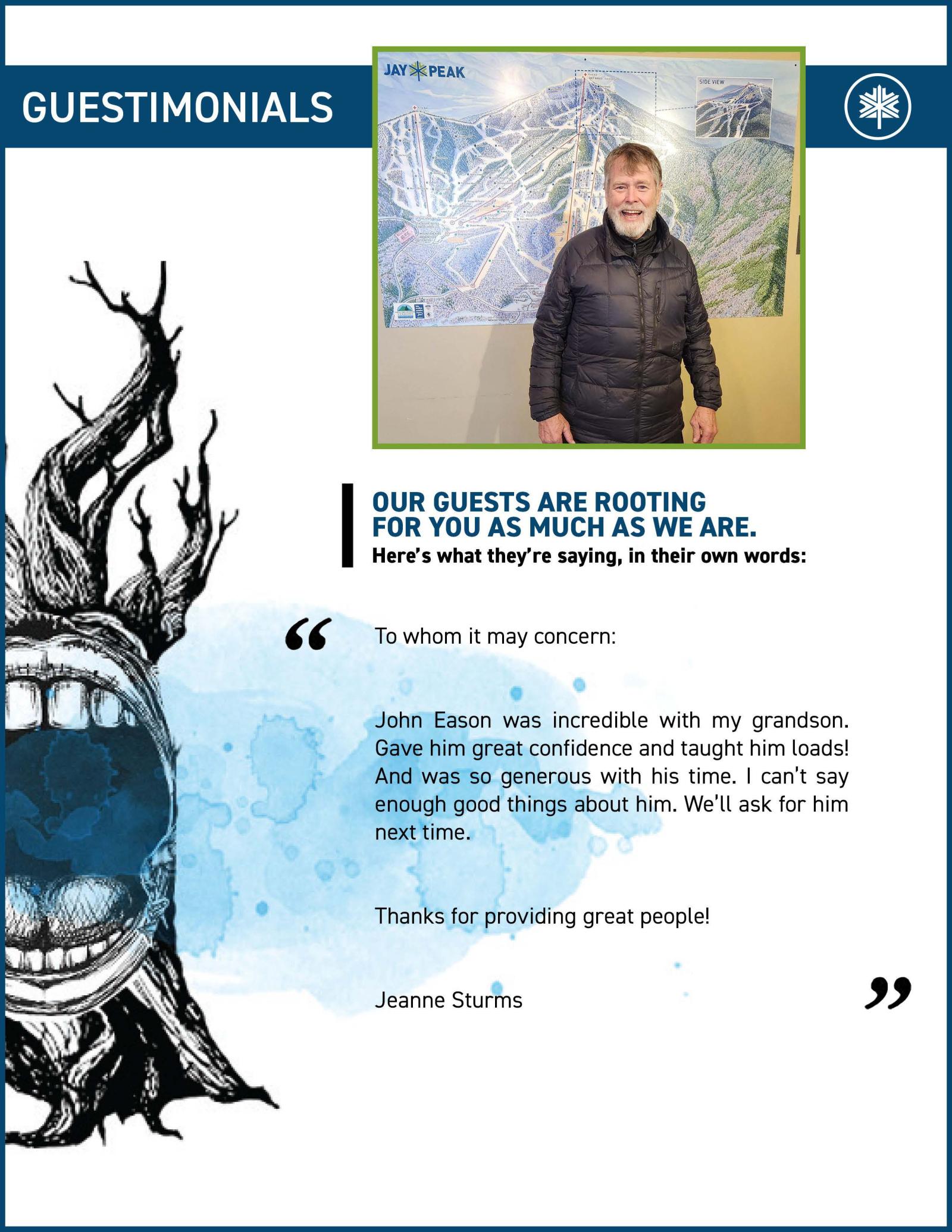 Testimonial layout with a tree design and a person smiling.