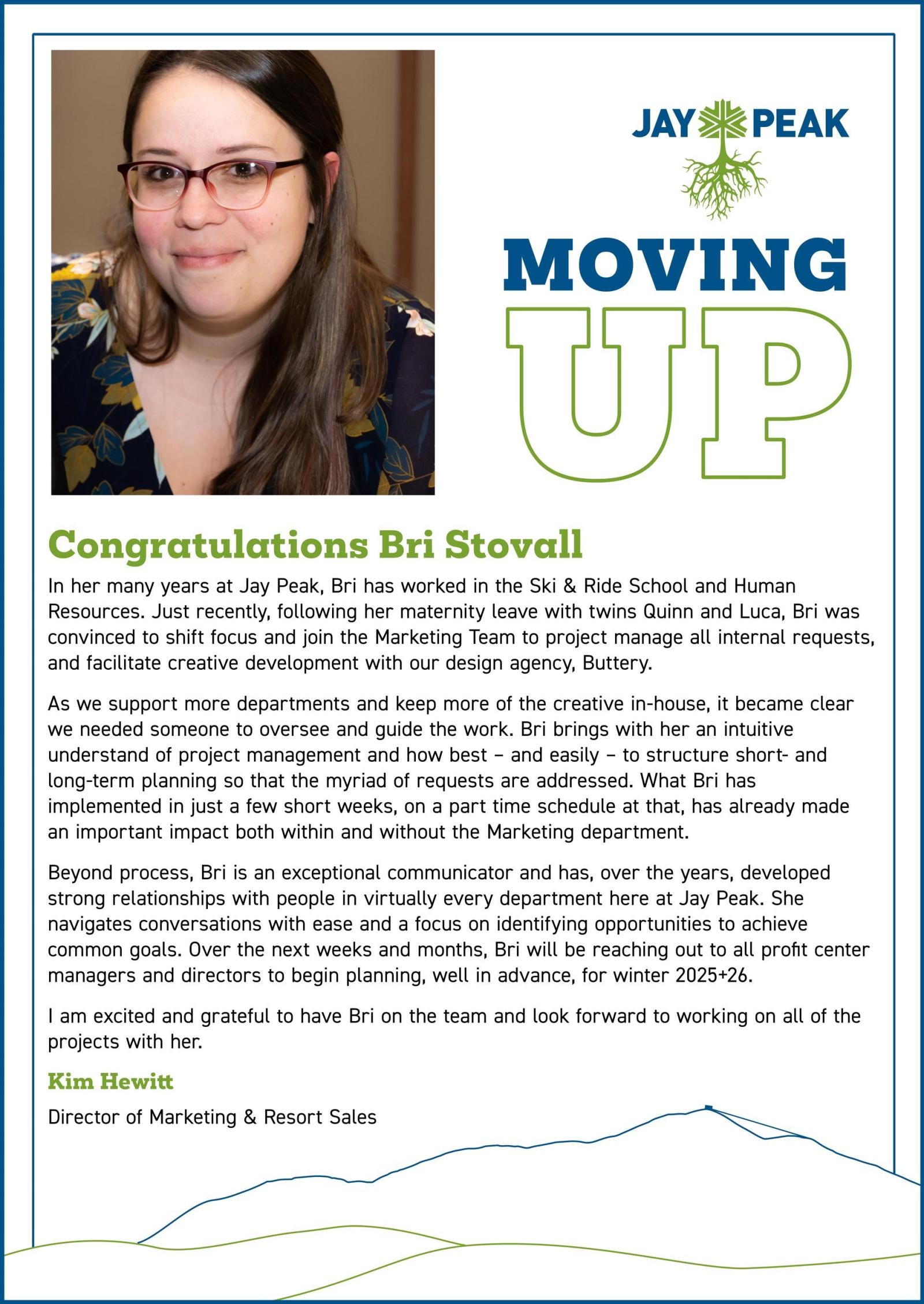 Staff announcement with a woman's photo and congratulatory text.