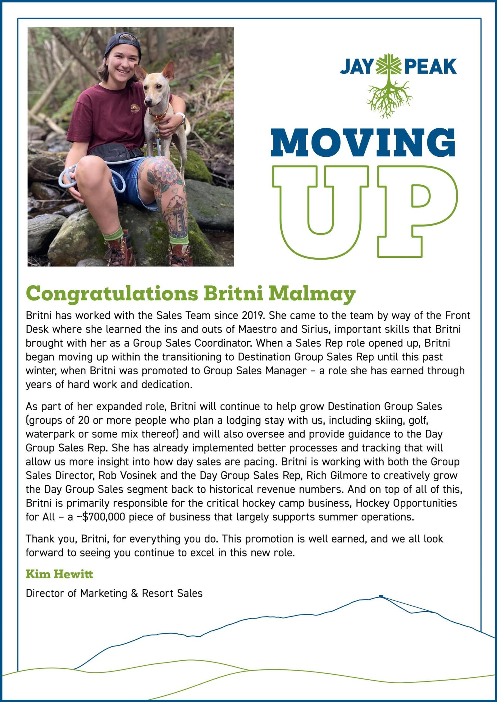 A person sitting with a dog, smiling outdoors. Text congratulating Britni Malney.