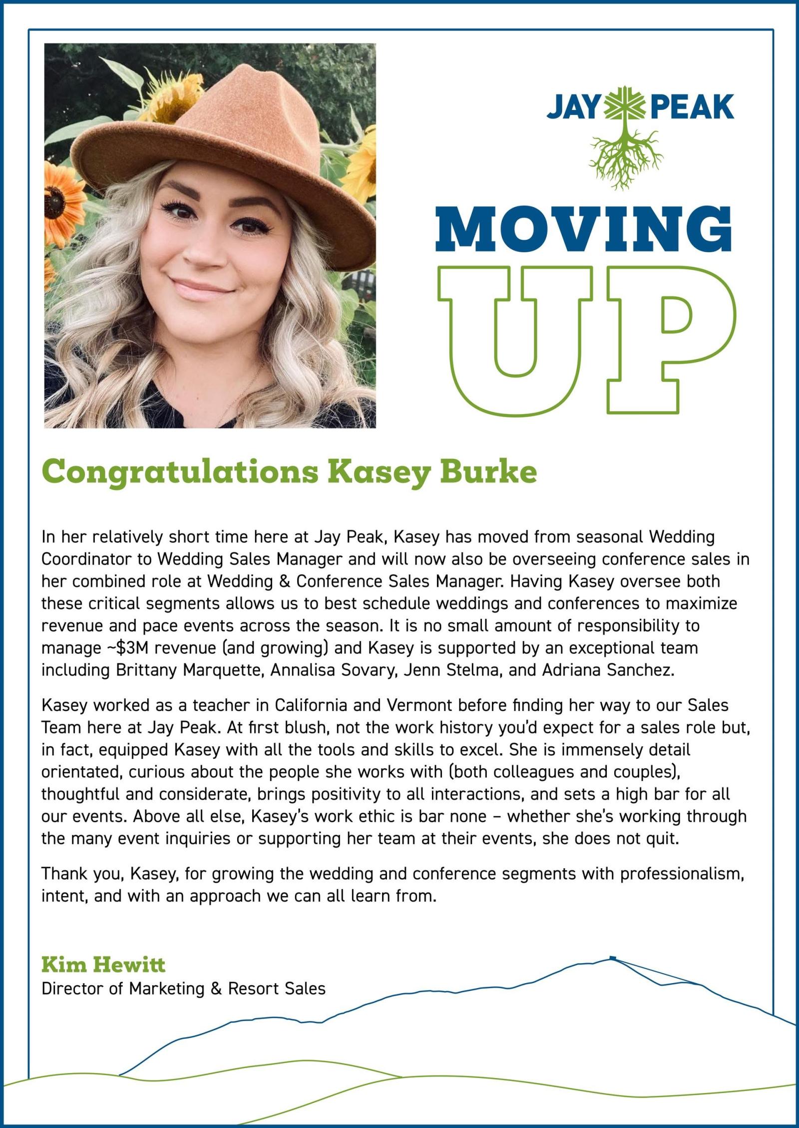 Smiling woman in hat next to text about a work promotion.