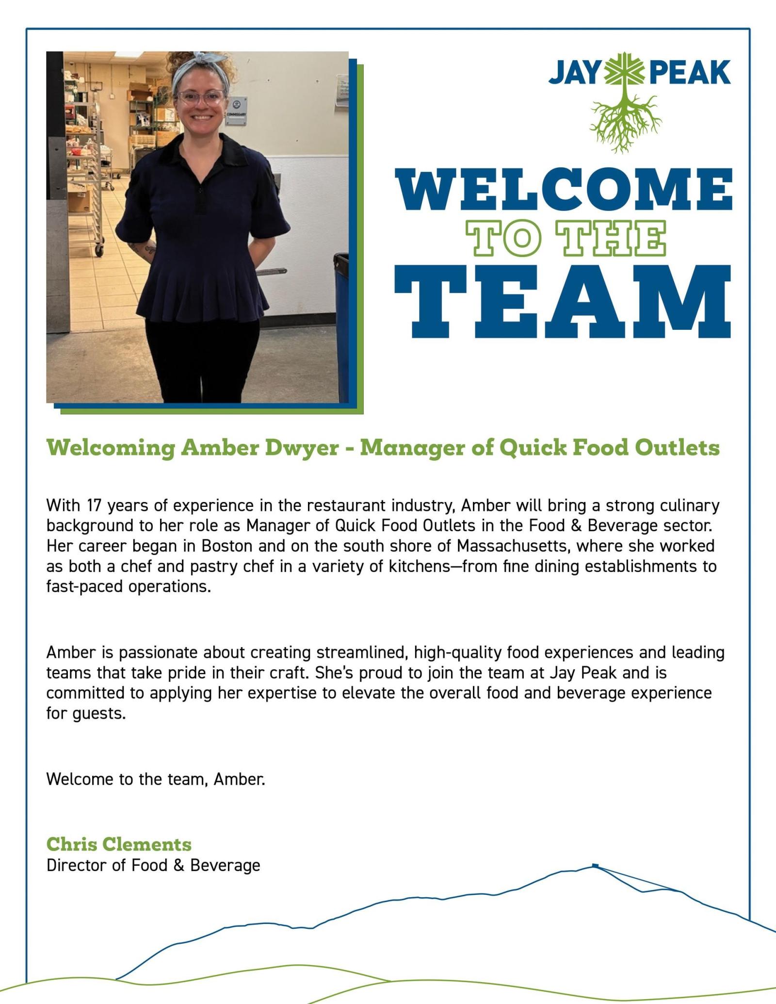 Welcome to the Team flyer with text and a woman smiling.