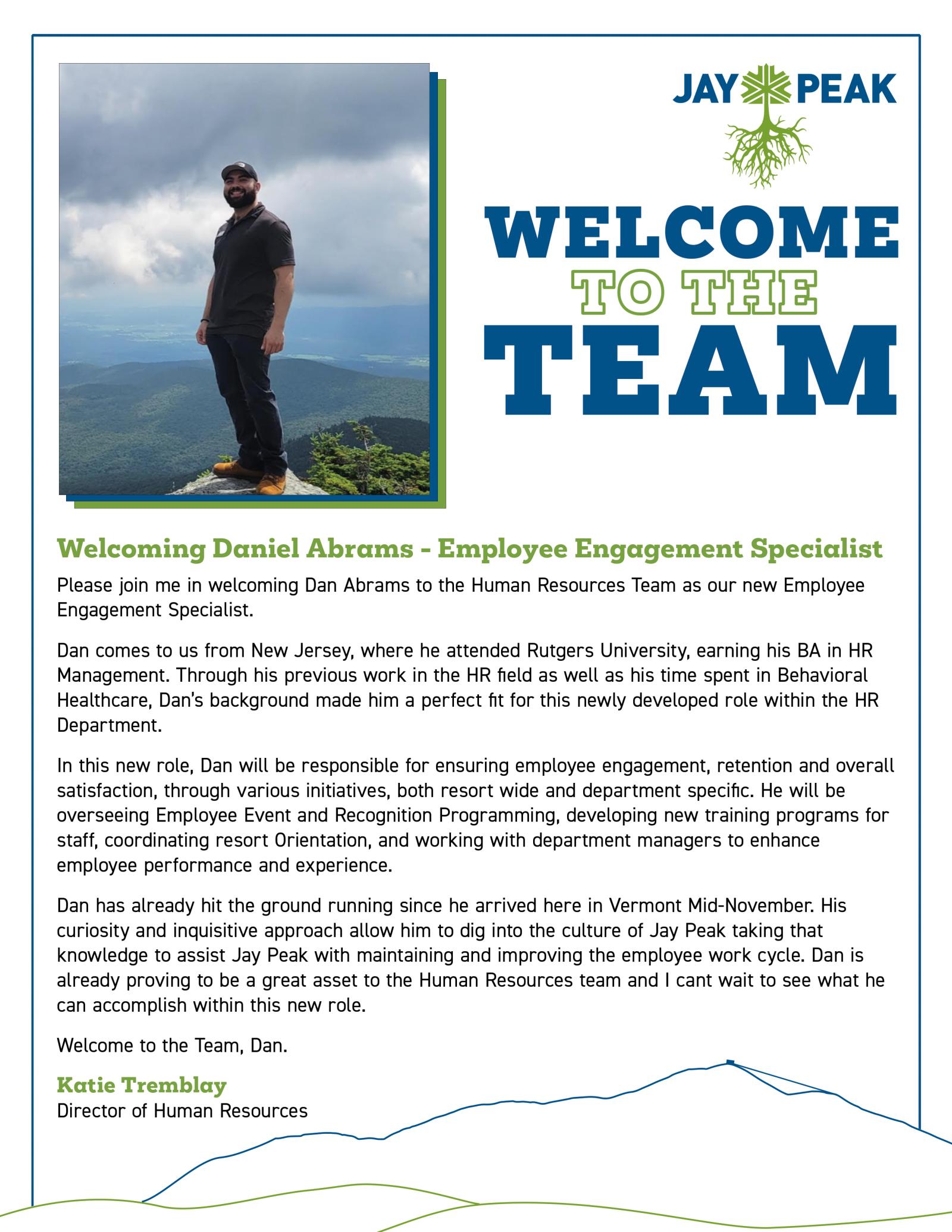 Man stands on mountain overlook, welcome to team message with logo above.