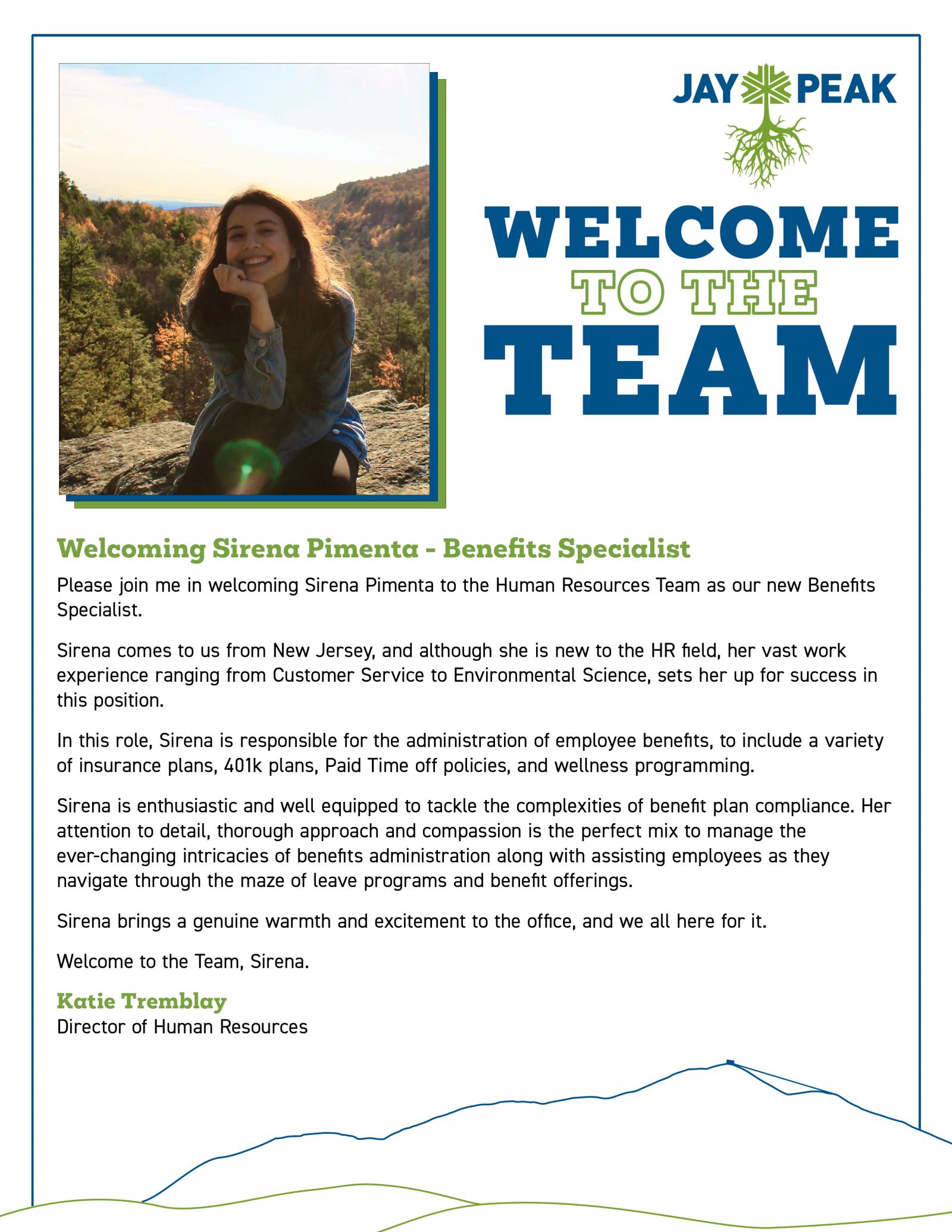 Welcome to the Team announcement with a woman's photo in nature.