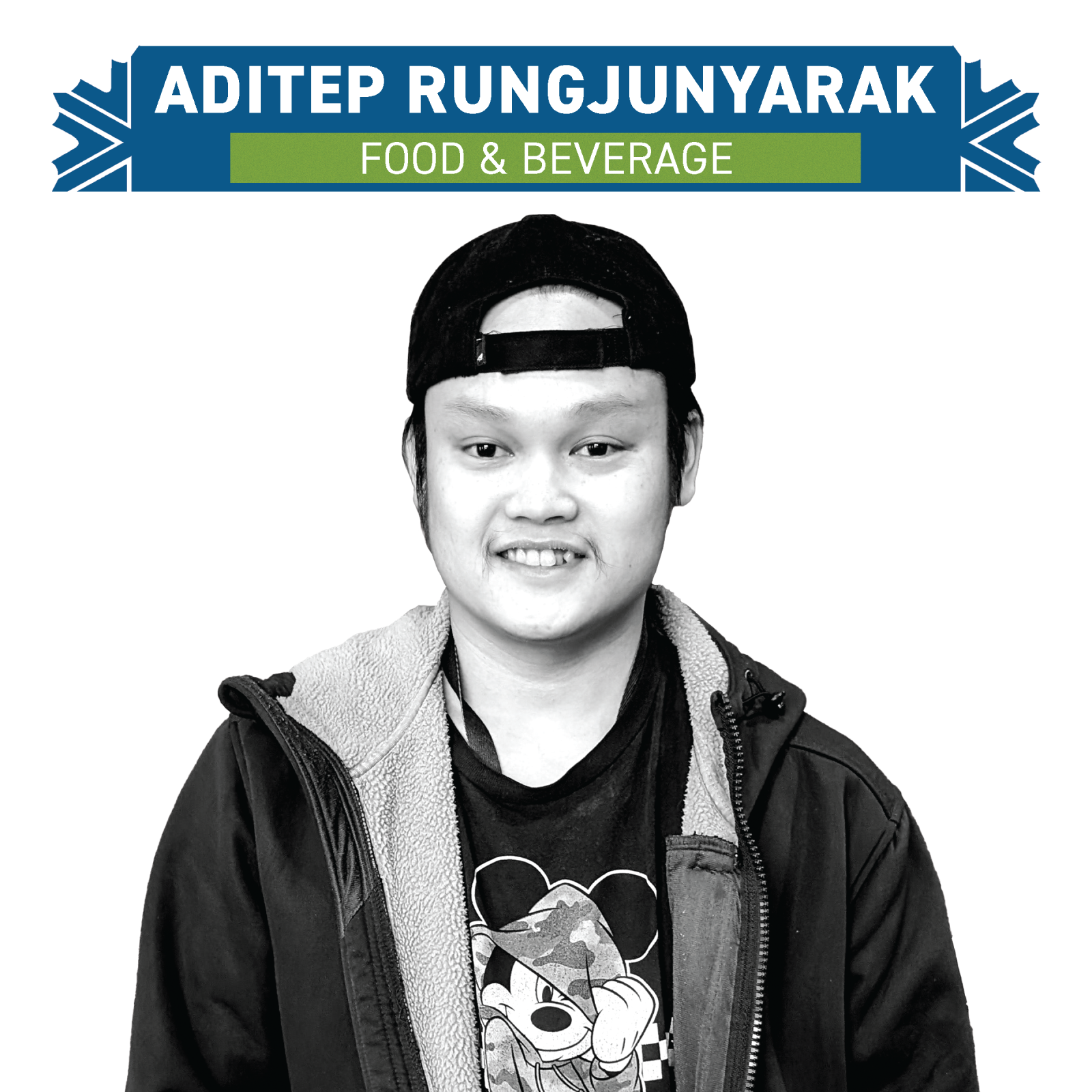 Young person in a cap and hoodie, smiling; text banner above reads "Food & Beverage."