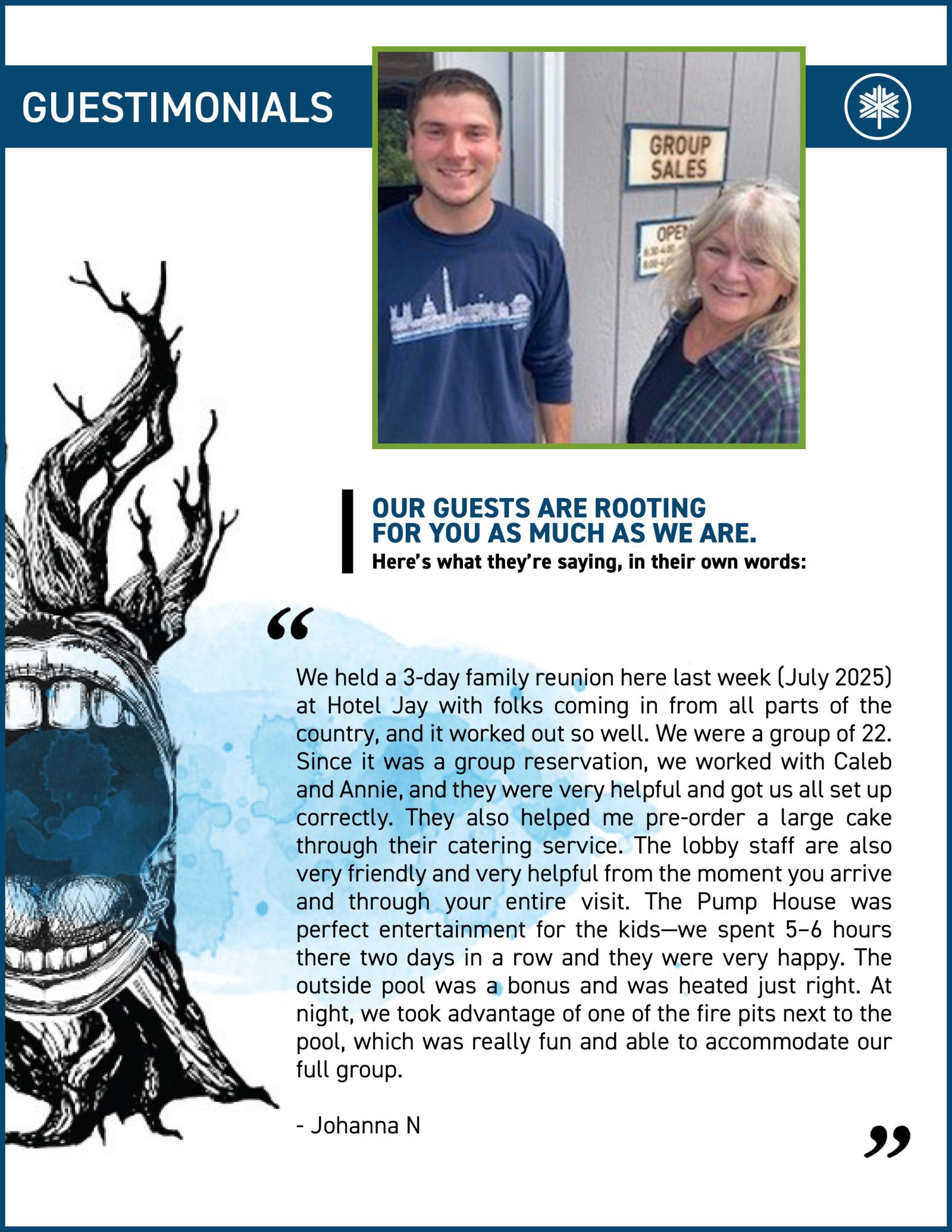 Testimonials page featuring a smiling man and woman.