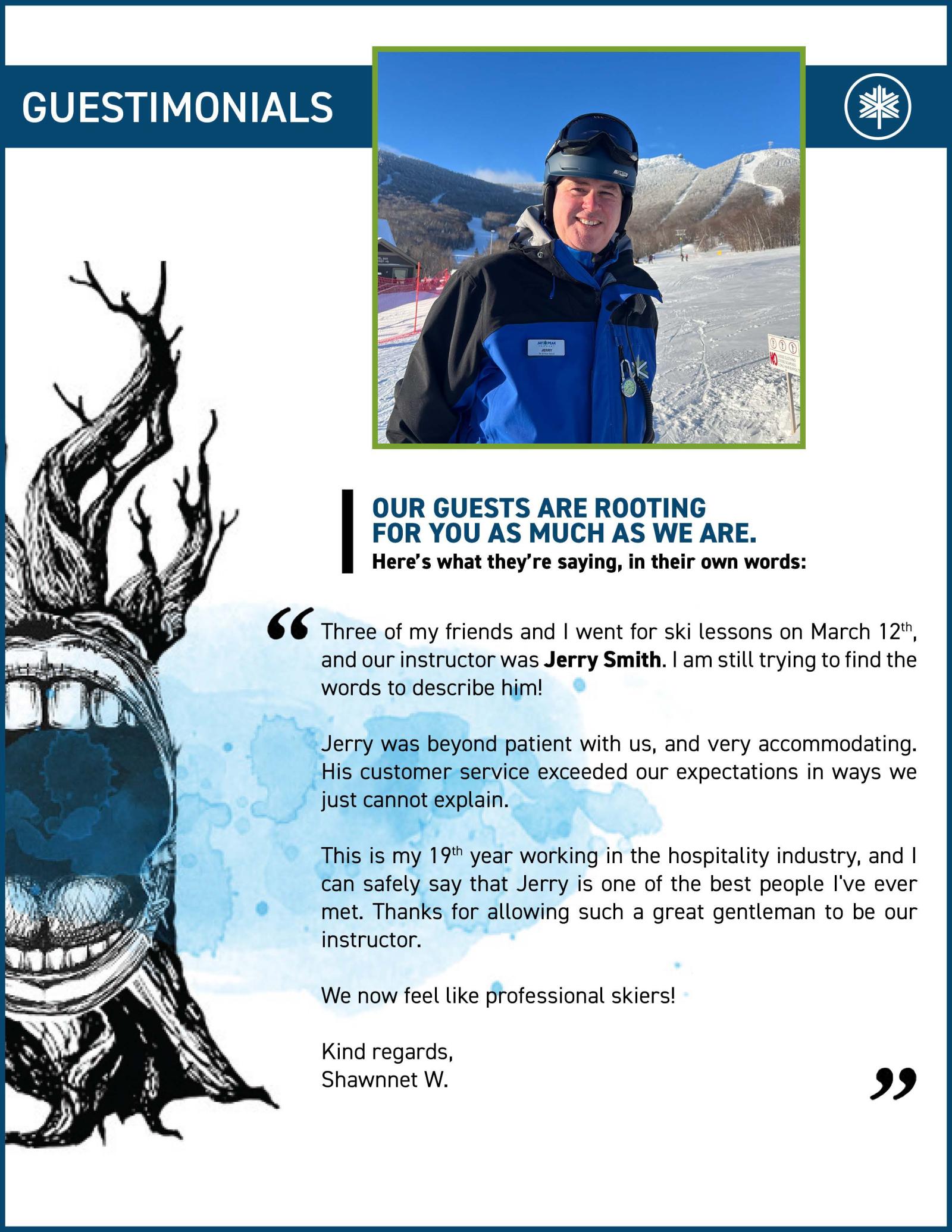 Testimonial page with snowy mountain and skier in blue jacket.