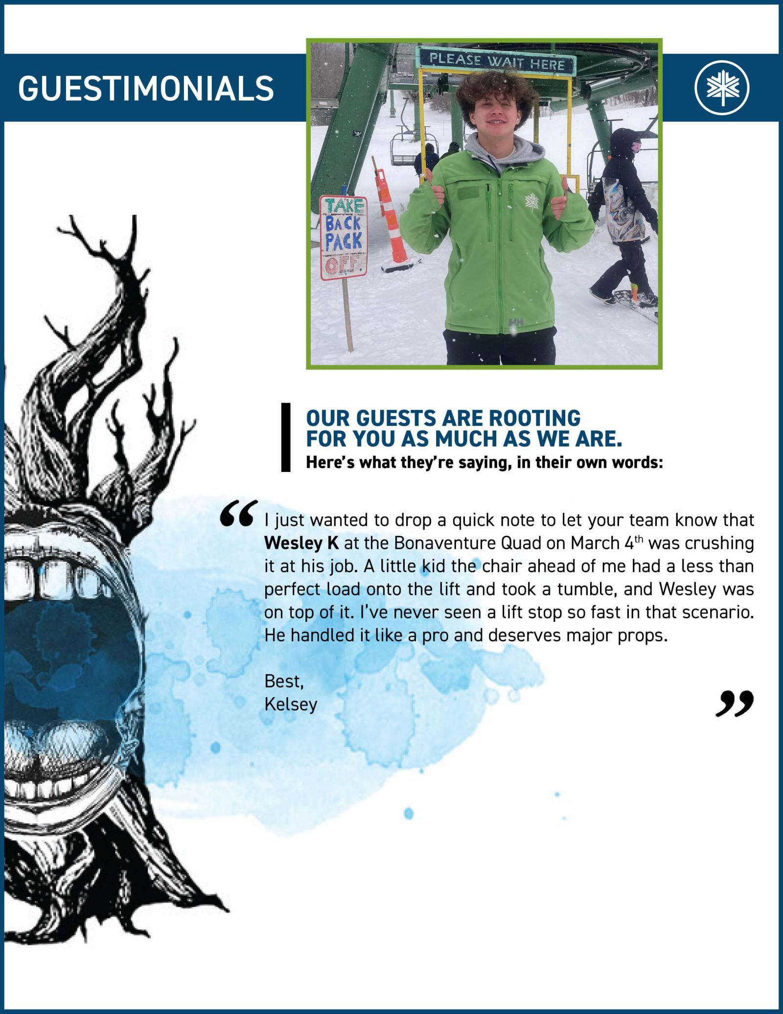 Testimonial graphic with a smiling person in a green jacket by ski lifts.