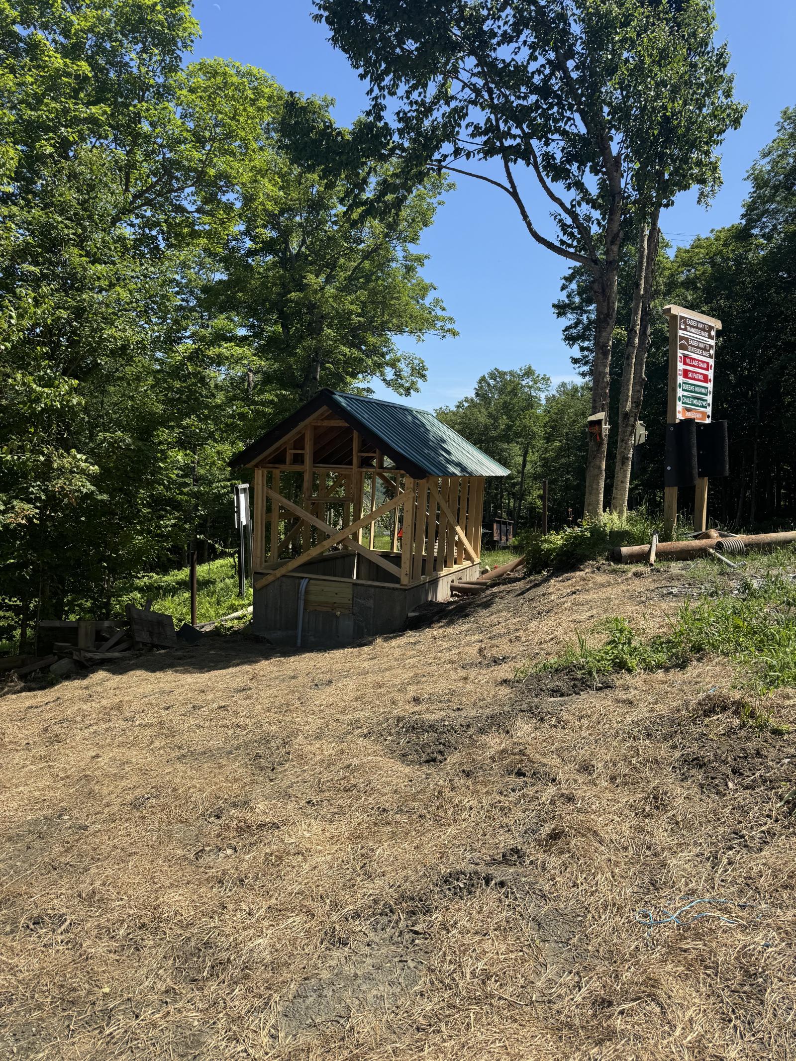 New wooden structure in a forest clearing under a clear blue sky.