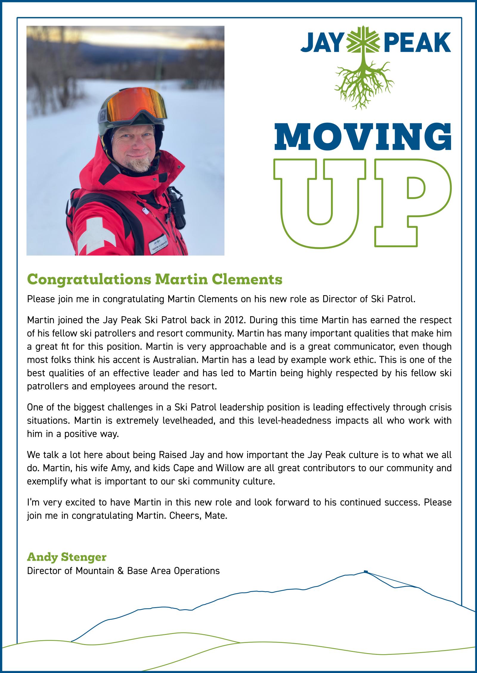 Skier in red jacket with snowy background, text about Jay Peak and Martin Clements.