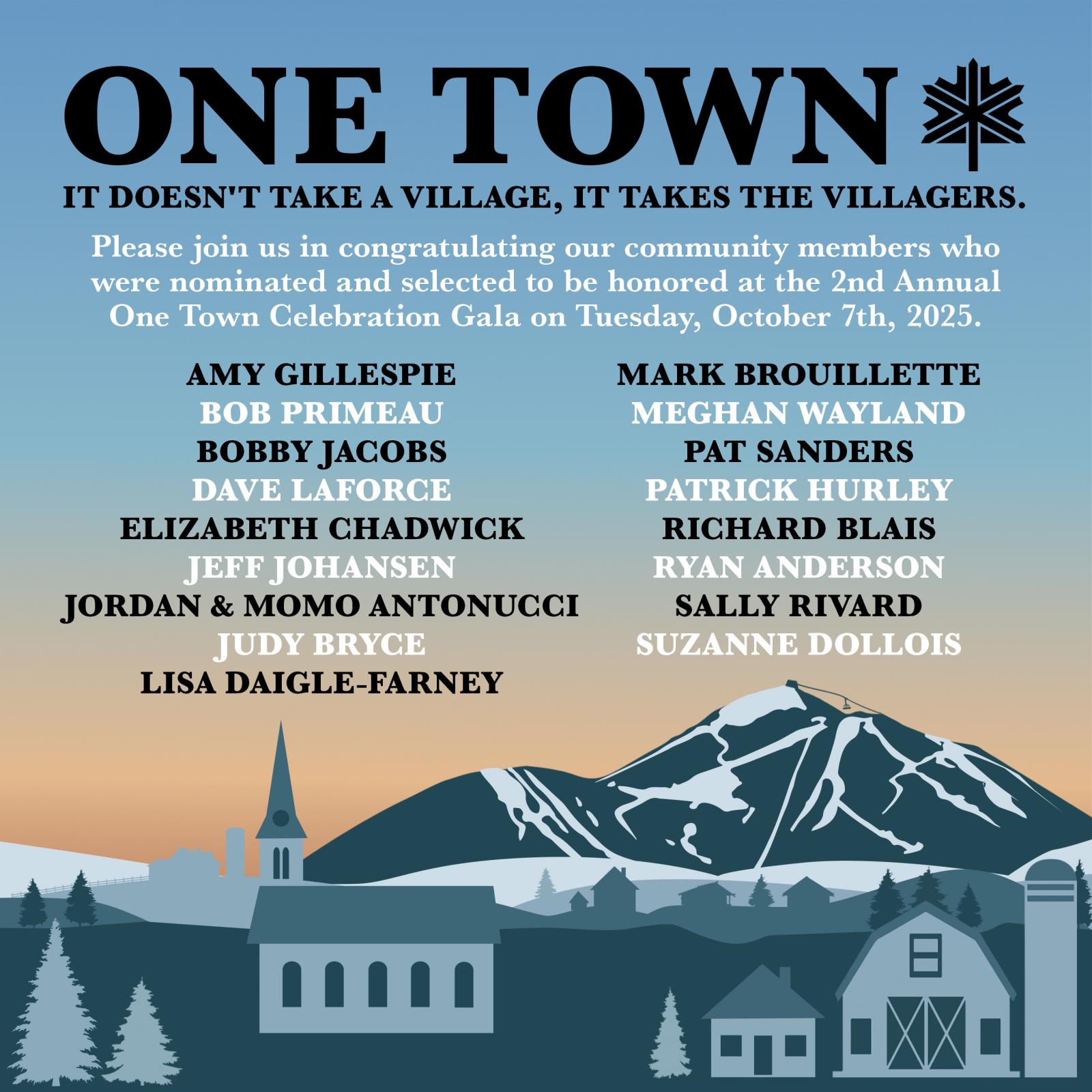 Town celebration invitation with names, mountain, and buildings.