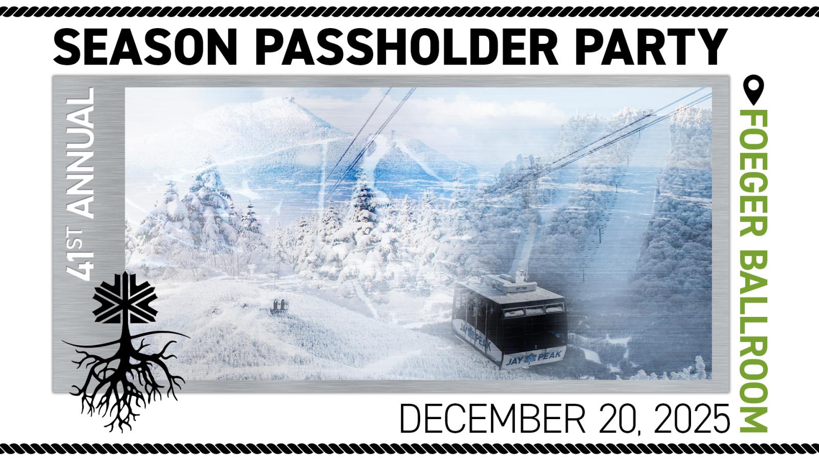 Snowy mountain scene with ski lift, logo on the left.