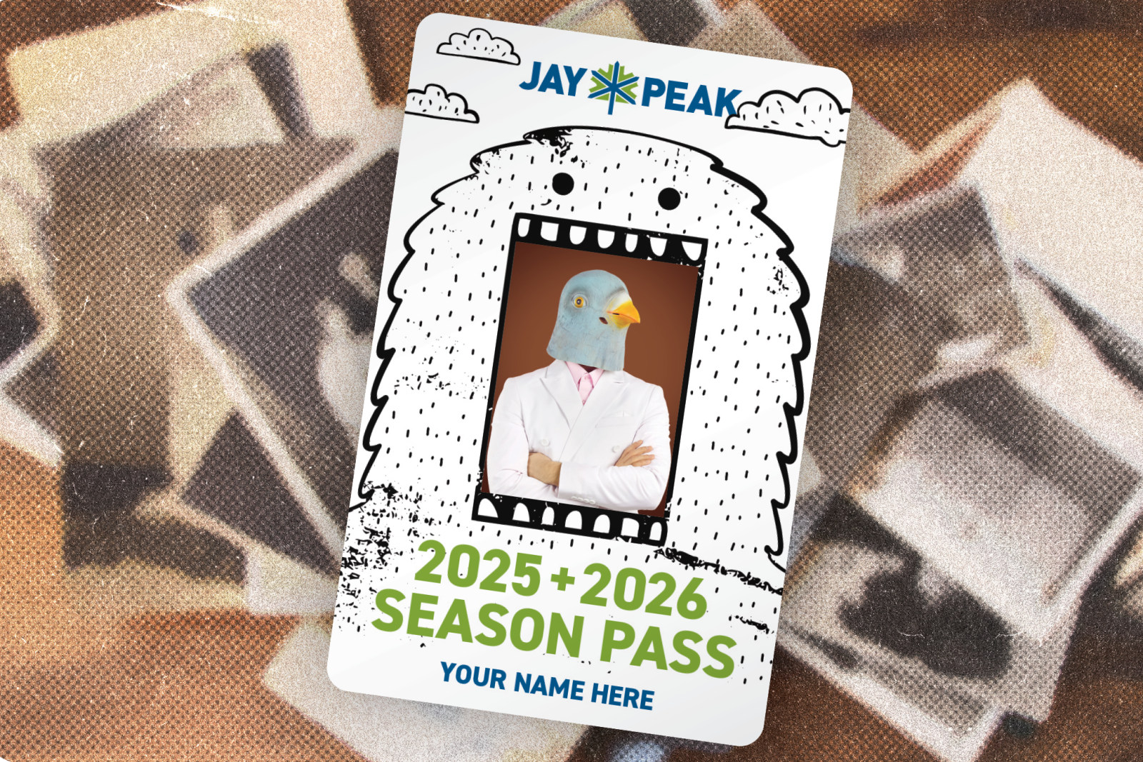 Season pass with bird-headed figure, set against blurred background of black-and-white photos.