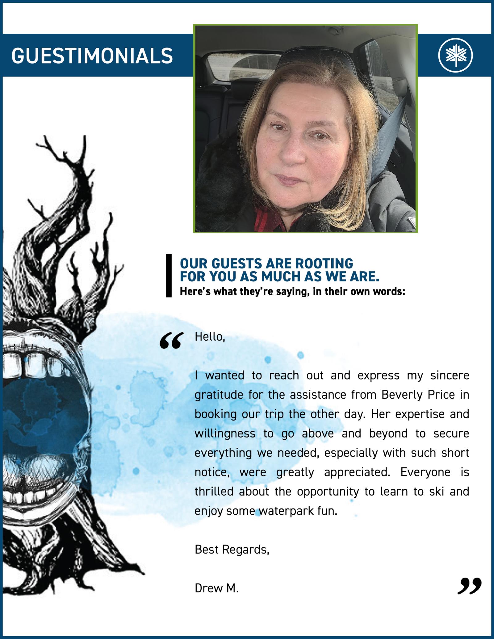 Testimonial graphic with text, decorative tree, and a woman's photo in a frame.