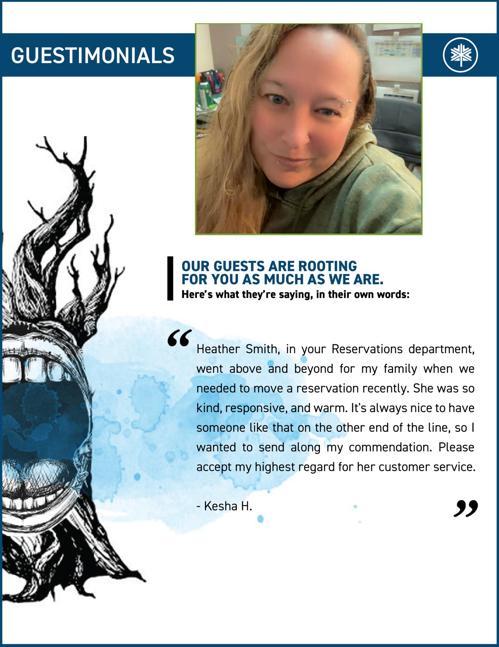 Testimonials page with a woman's photo and guest feedback.