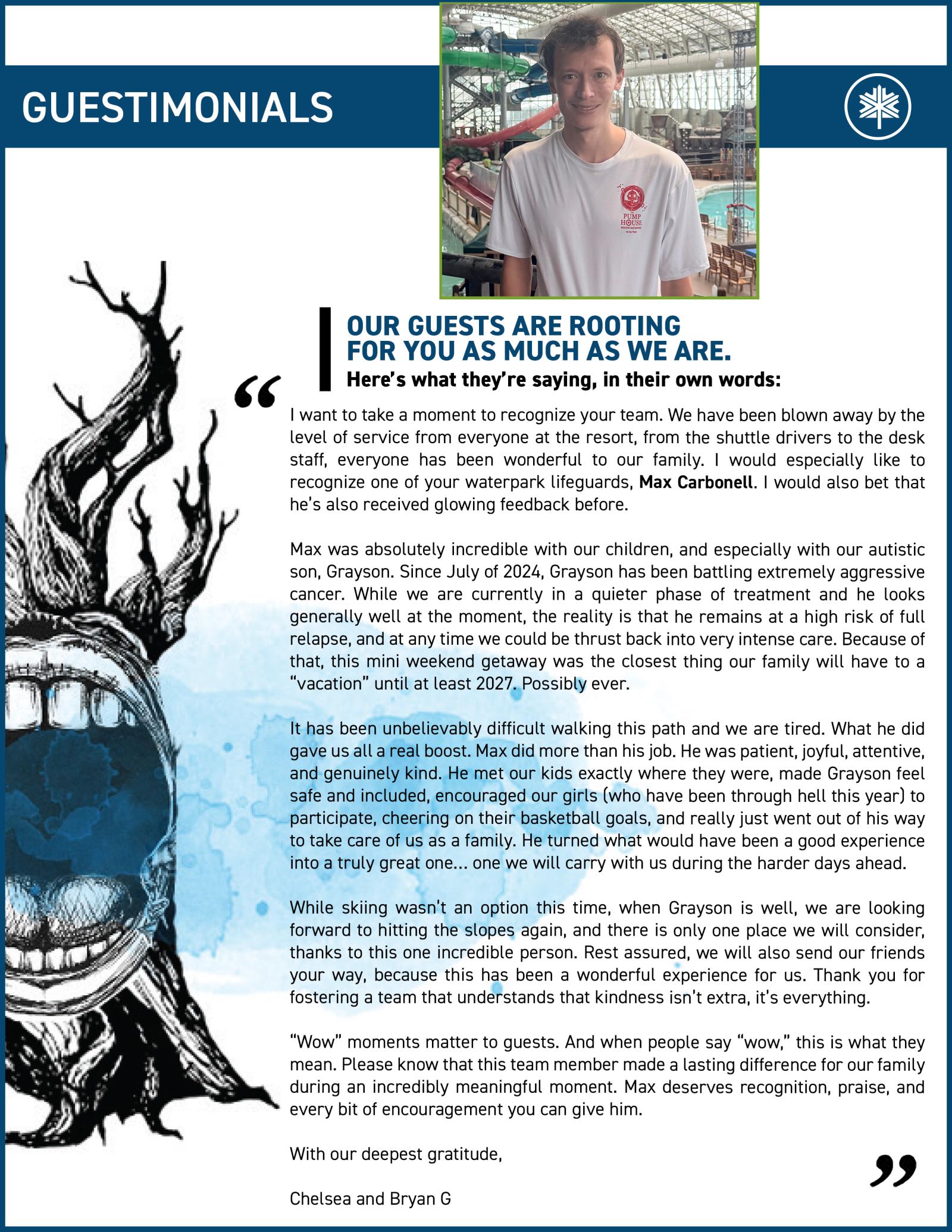 Testimonial page with a man in a casual shirt smiling next to a detailed eye illustration.