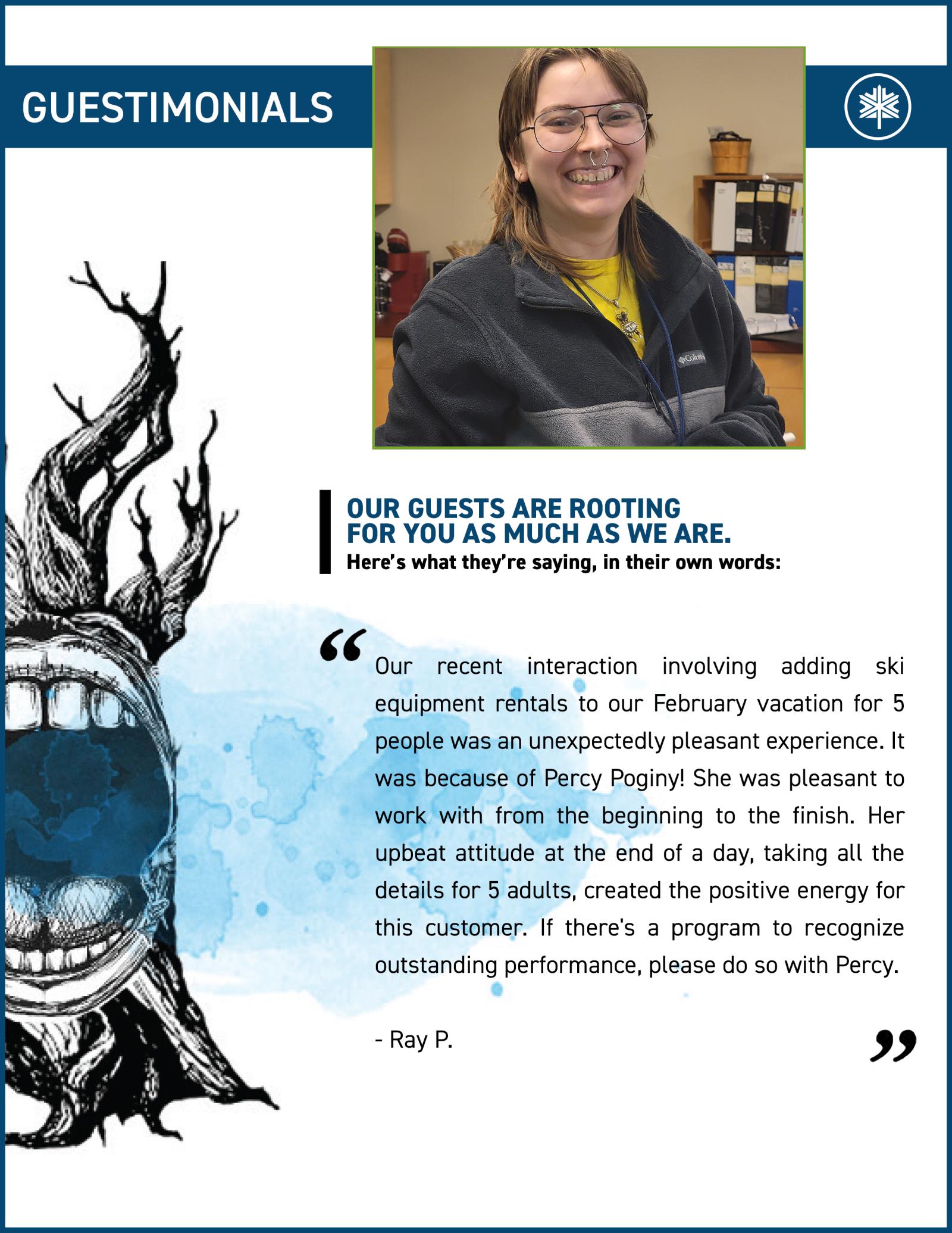 Testimonial page with illustrated tree and smiling woman in photo.