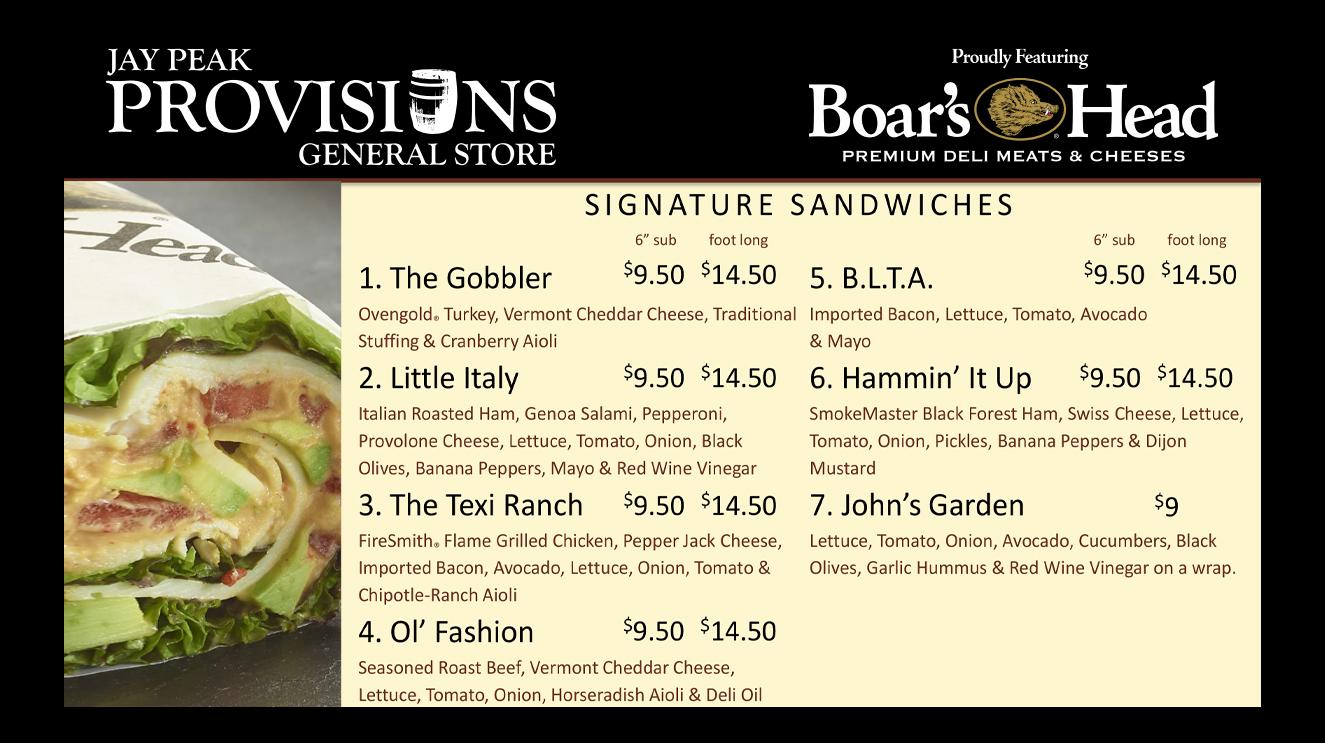 Jay Peak Provisions sandwich menu featuring seven signature sandwiches.