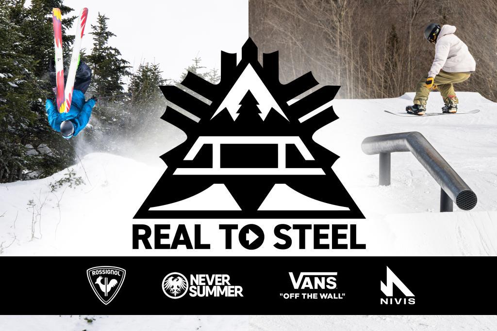 Snowboarders performing tricks on snowy slopes, logo with mountain design.