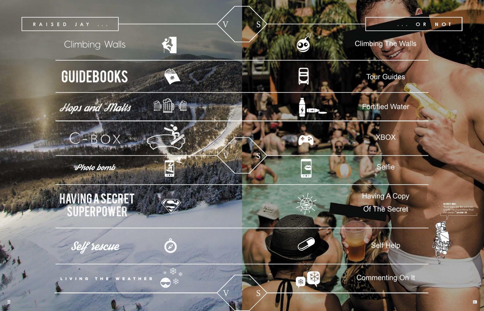 Split image: snowy mountain landscape left, crowded pool party scene right.