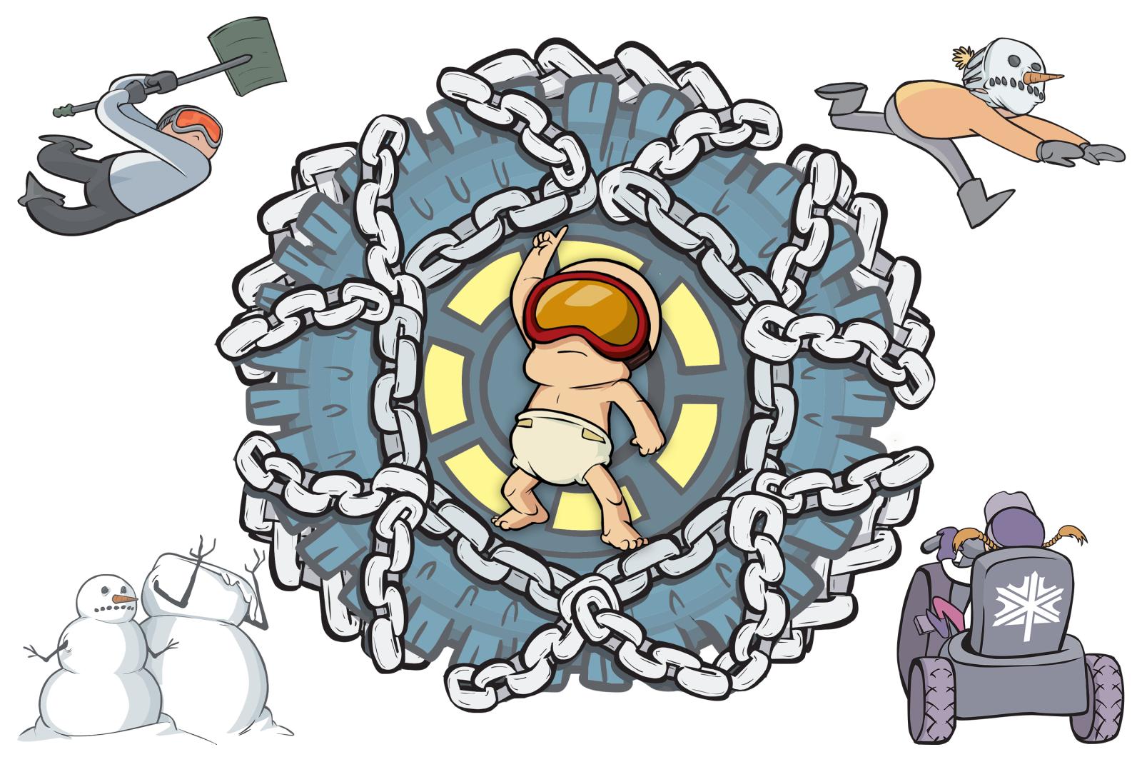 Cartoon snowboarder baby with goggles in a tire chain circle, surrounded by winter-themed characters.