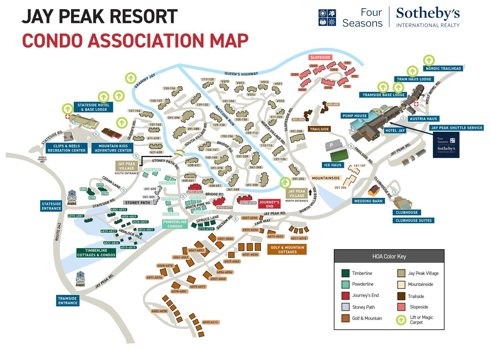 Jay Peak Resort condo map with various sections and amenities marked.